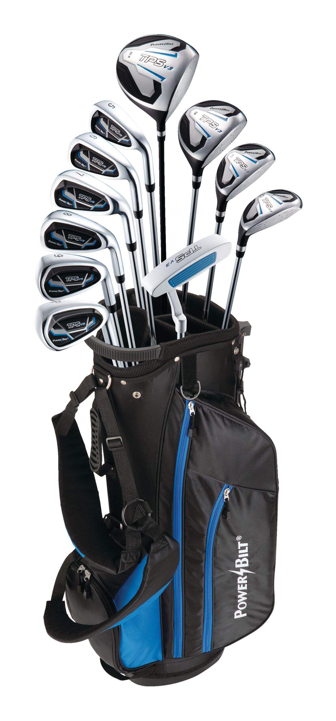 PowerBilt V3 Men's Golf Club Set, Left-Hand, Black/Blue Front_Elevated