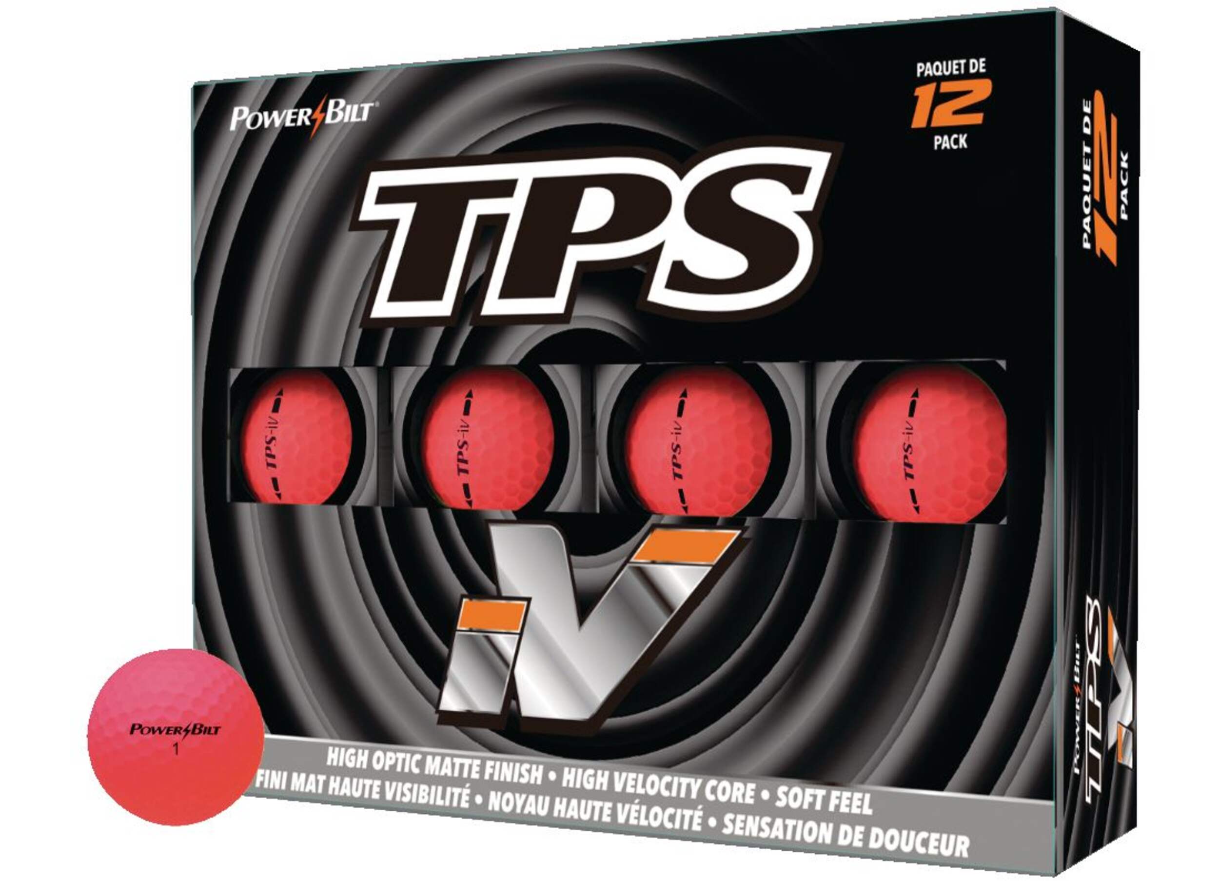 PowerBilt TPS iV High Vis Golf Balls, 12-pk, Matte Red Front_Angled_Left