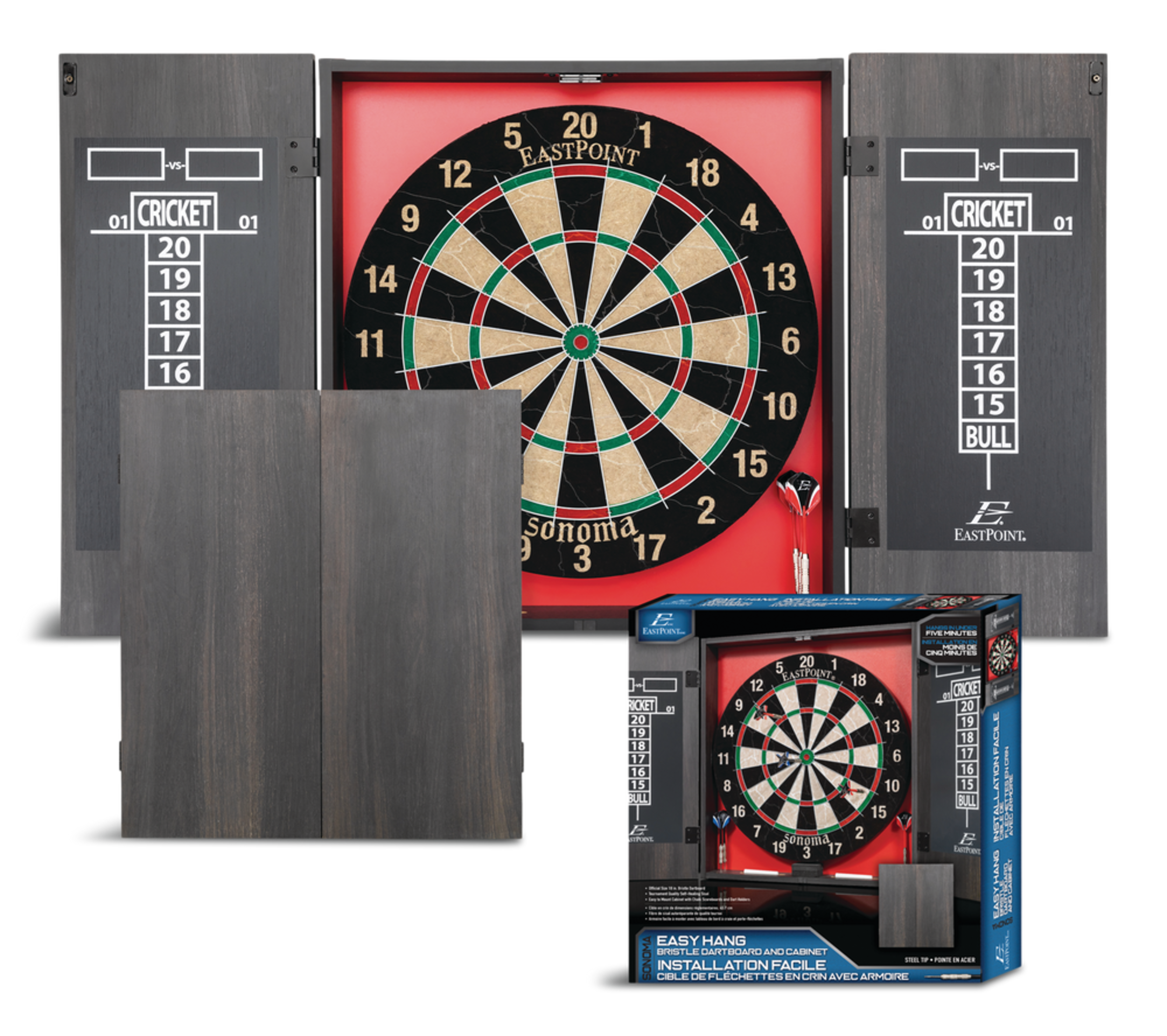 EastPoint Sonoma Sisal Bristle Dartboard & Cabinet Set w/ 6 Darts & Chalk Scoreboard Composite_or_Mixed