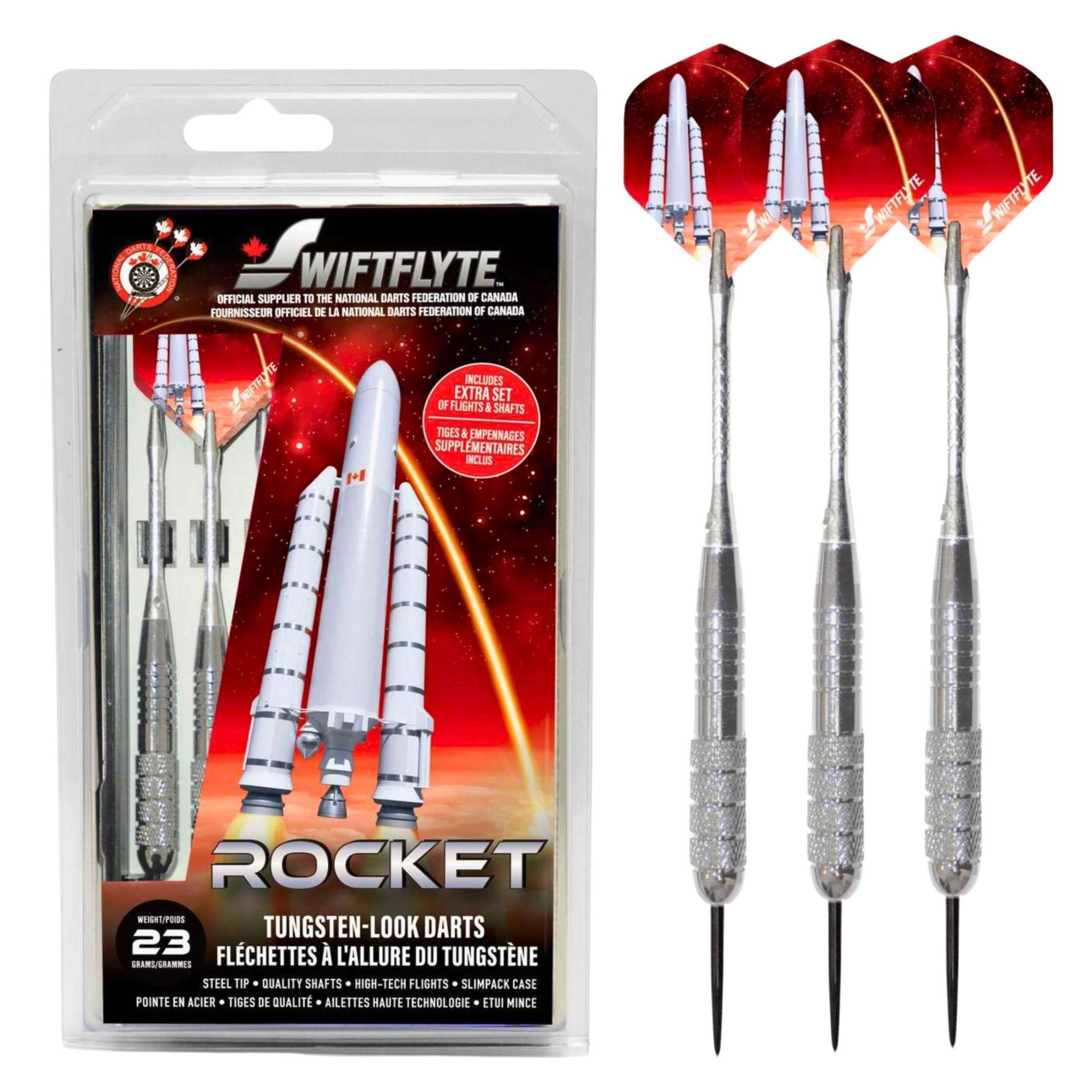 Swiftflyte Rocket Tungsten-Look Darts Set w/ Steel Tips, Case, Extra Flights & Shafts, 23-g Front_Flat