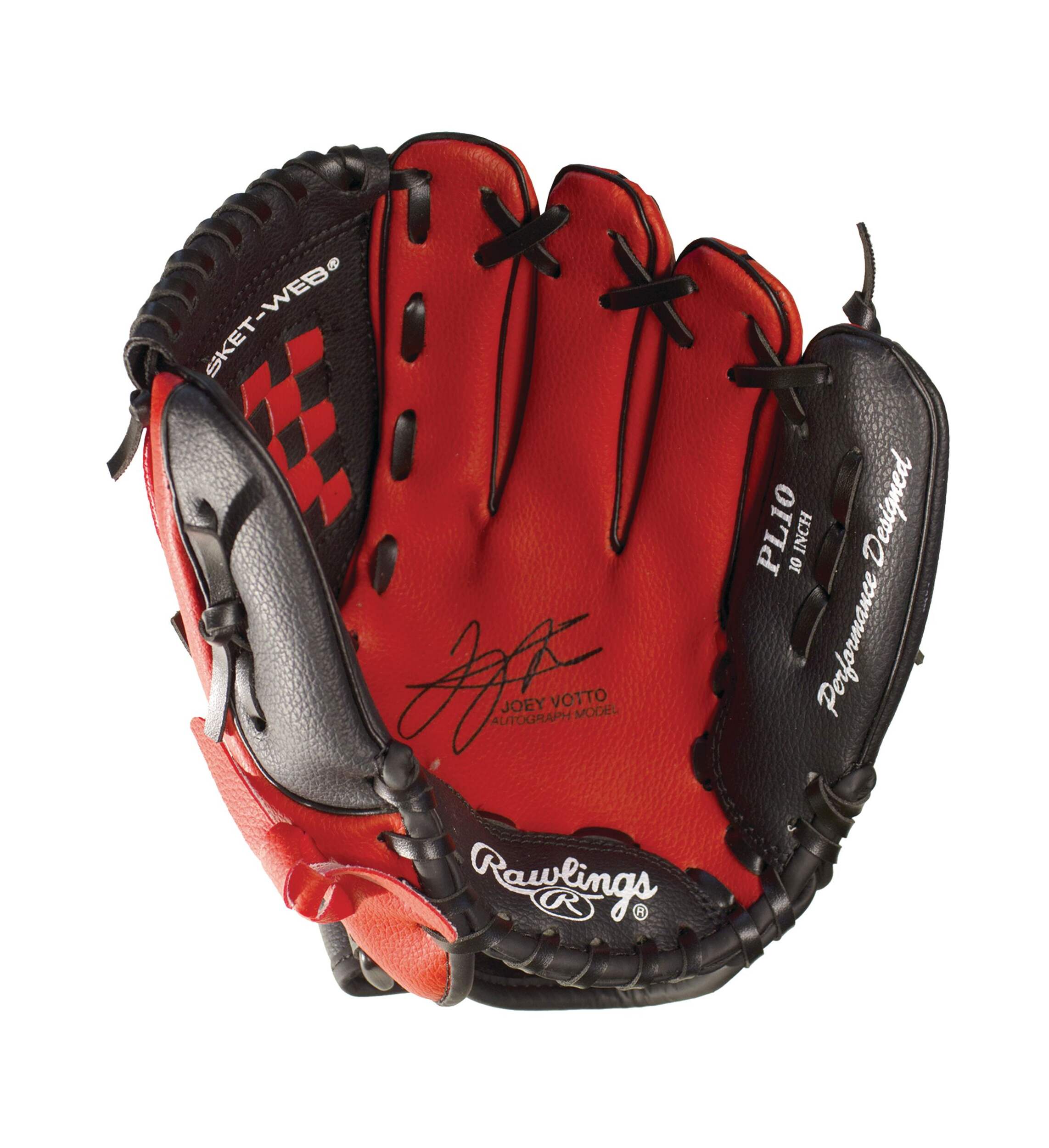 Gant de baseball Rawlings, jeunes, main gauche, rouge/noir, 10 po Front_Flat