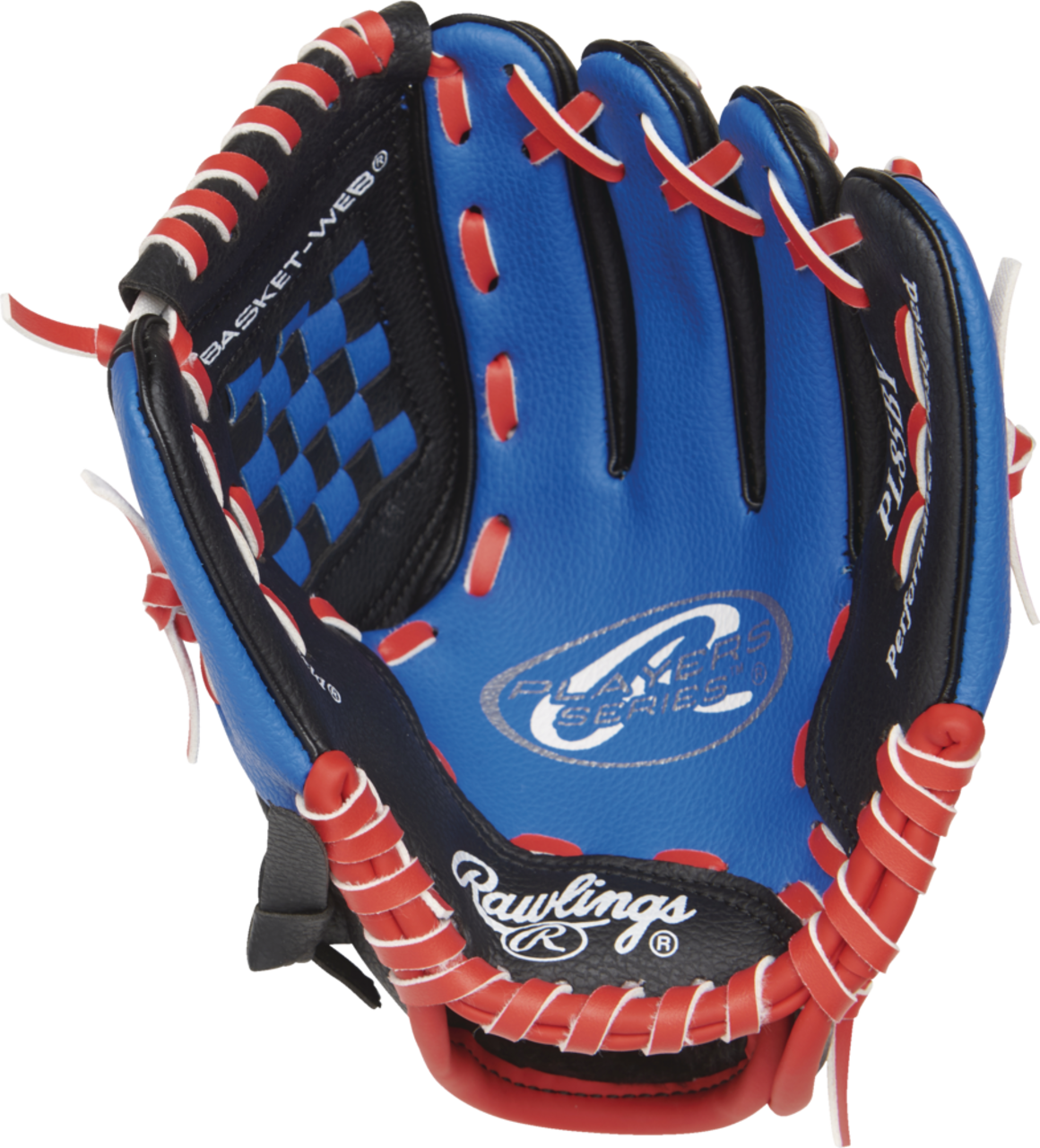 Rawlings Player Series Baseball Glove, Youth, Blue/Black/Red, 8.5