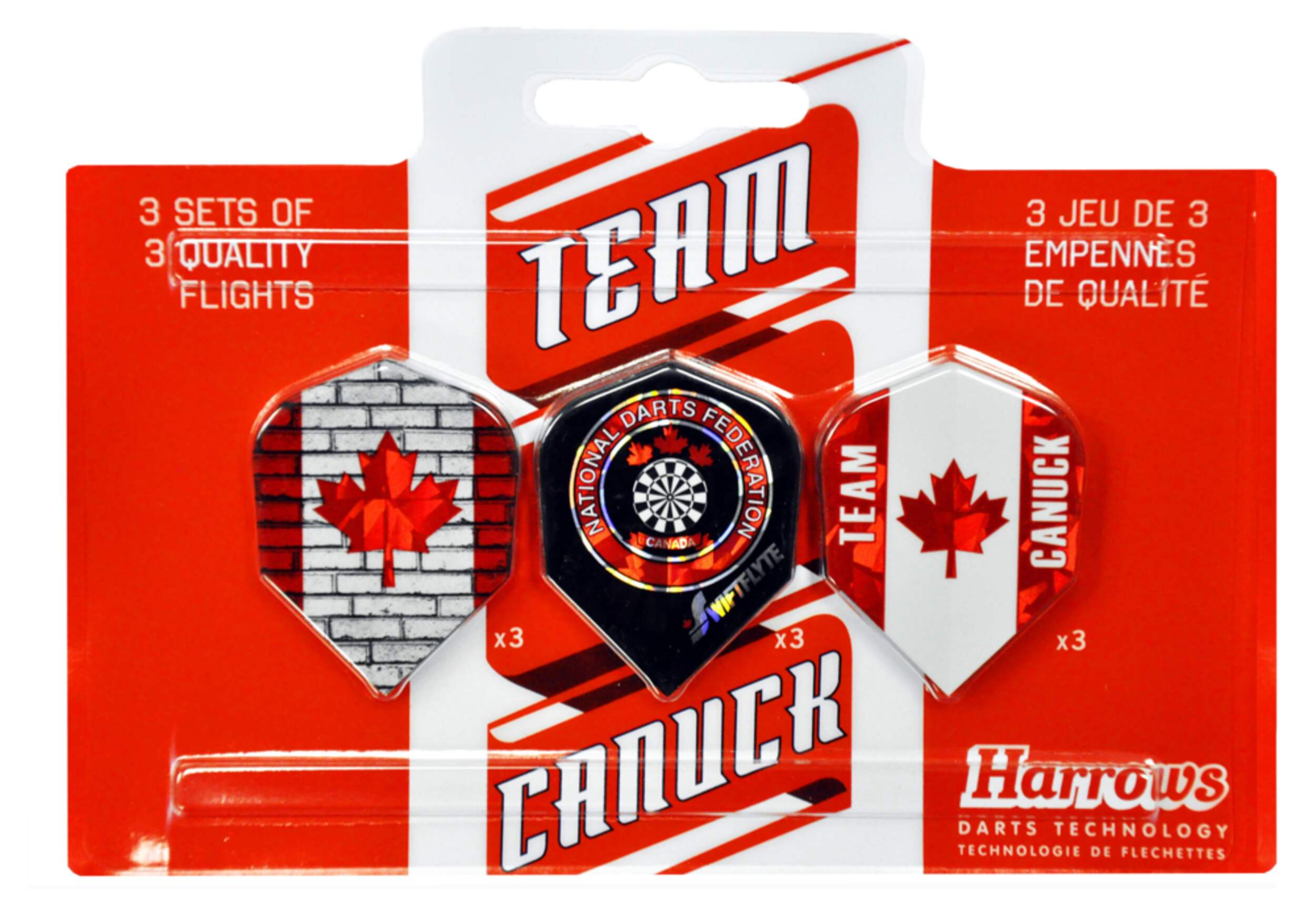 Harrows NDFC Team Canuck/Canadian Themed Standard Dart Flights, 9-pc Front_Flat
