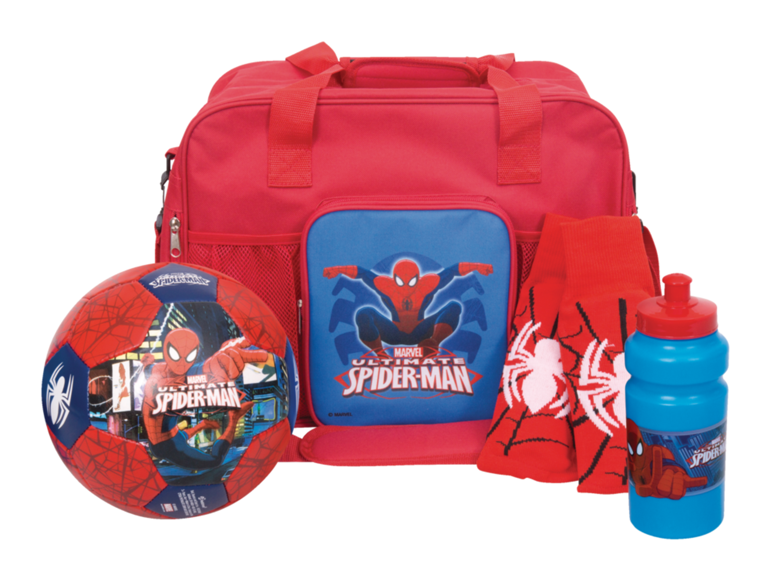 Équipement de soccer Marvel Spiderman pour enfants avec ballon, bas/jambière, gourde et sac, paq. 4 Front_Flat