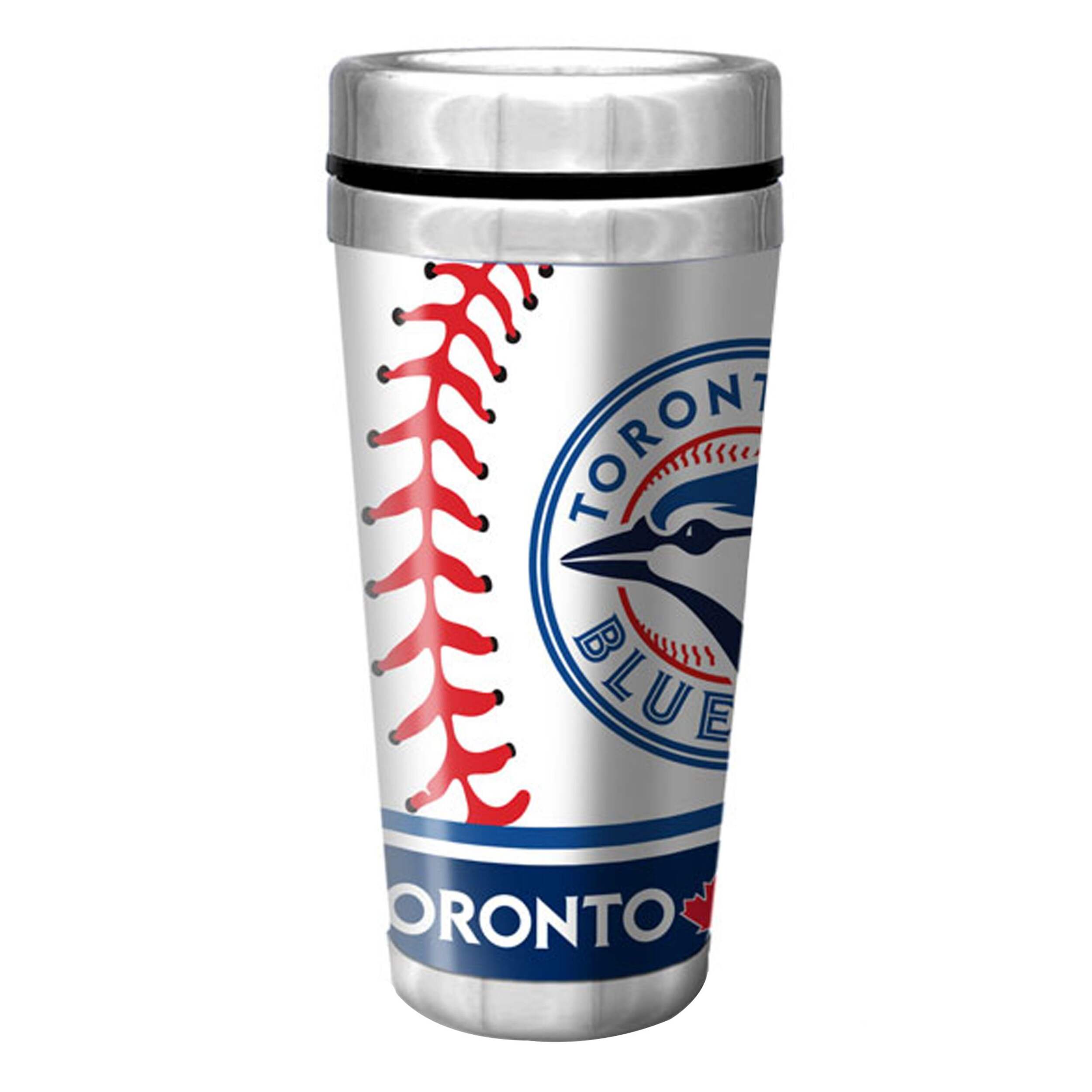 Tasse de voyage en acier inoxydable Blue Jays de Toronto pour amateurs et collectionneurs de baseball de la MLB, 16 oz Front_Flat