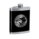 Flacon gravé en acier inoxydable Blue Jays de Toronto pour amateurs et collectionneurs de baseball de la MLB, noir, 8 oz Front_Three_Fourths_Angled_Right