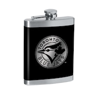 Toronto Blue Jays Engraved Stainless Steel Flask, For MLB Baseball Fans/Collectors, Black, 8-oz Front_Three_Fourths_Angled_Right