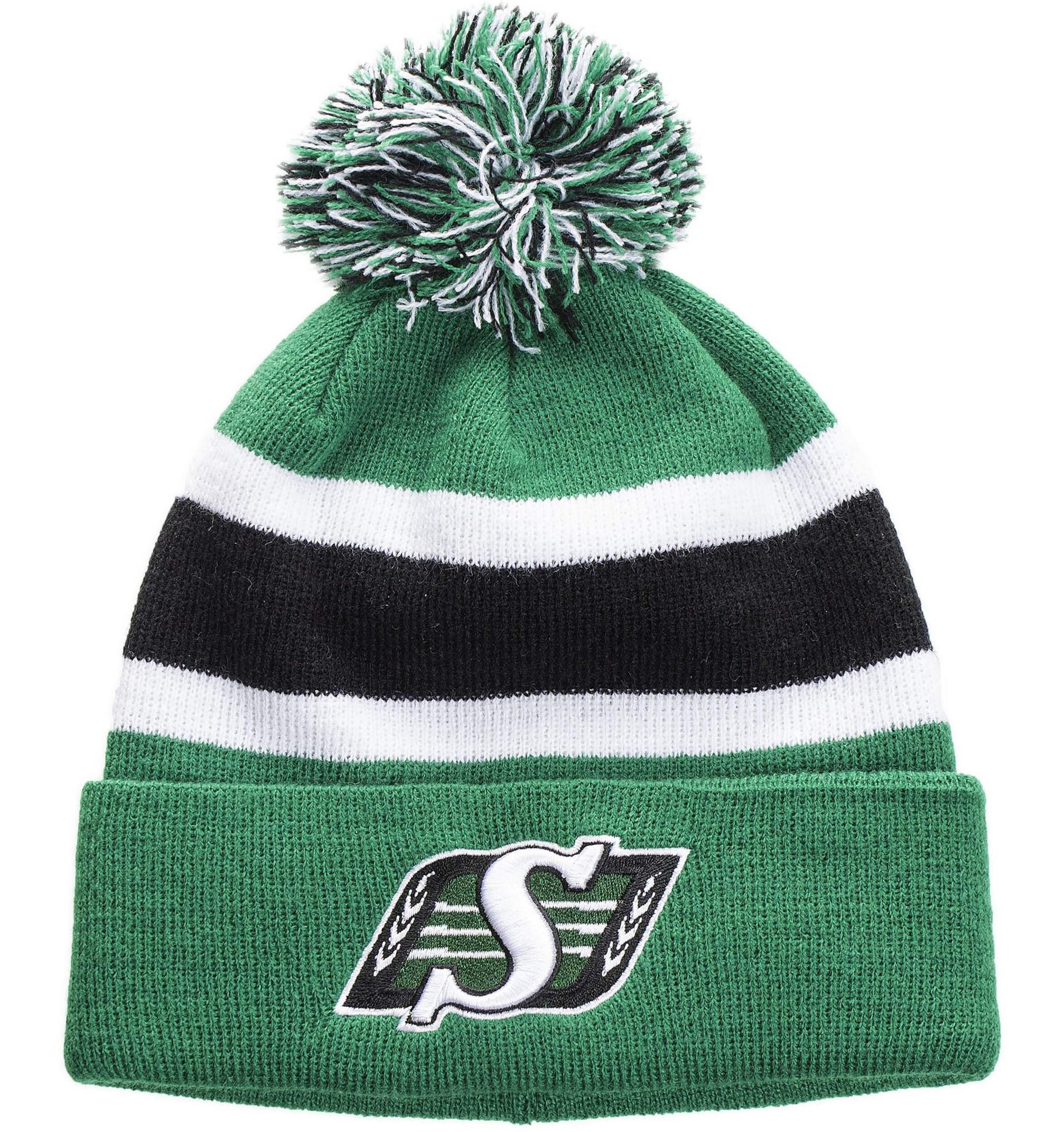 CFL Saskatchewan Roughriders Breakaway Stretch Knit Cuffed Toque/Winter Beanie Hat w/ Pom Pom, Green Front_Flat
