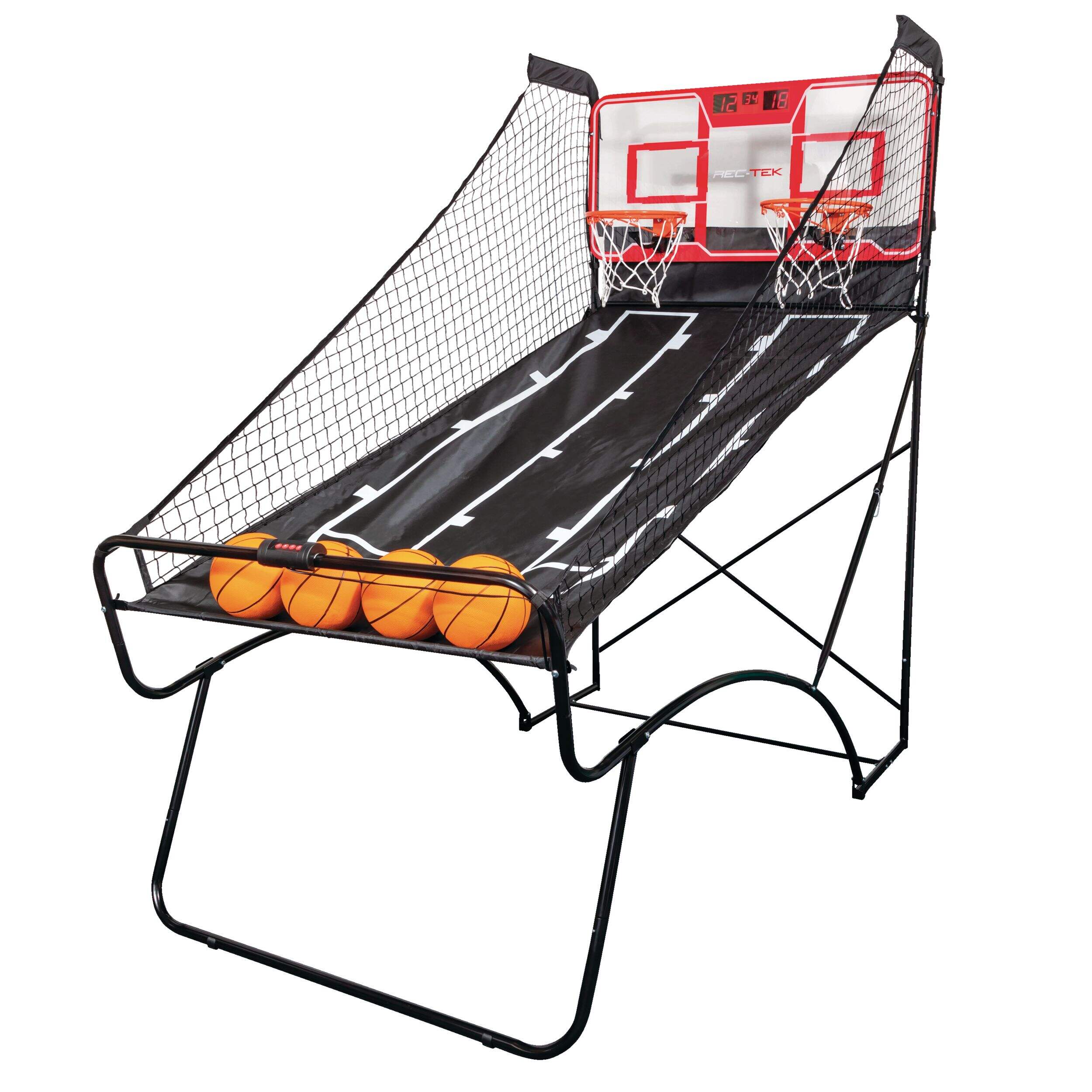 Rec-Tek MVP Basketball Arcade Game Shootout with 4 Balls & Electronic Scoreboard Front_Three_Fourths_Angled_Left
