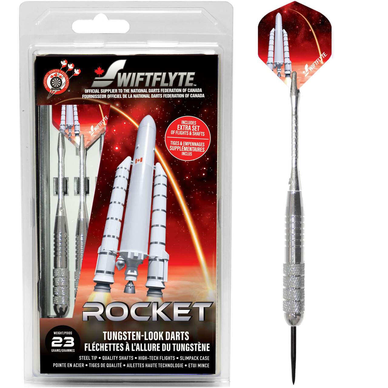Fléchettes à apparence de tungstène Swiftflyte Rocket avec embouts en  acier, étui, empennages et fûts supplémentaires, 23 g