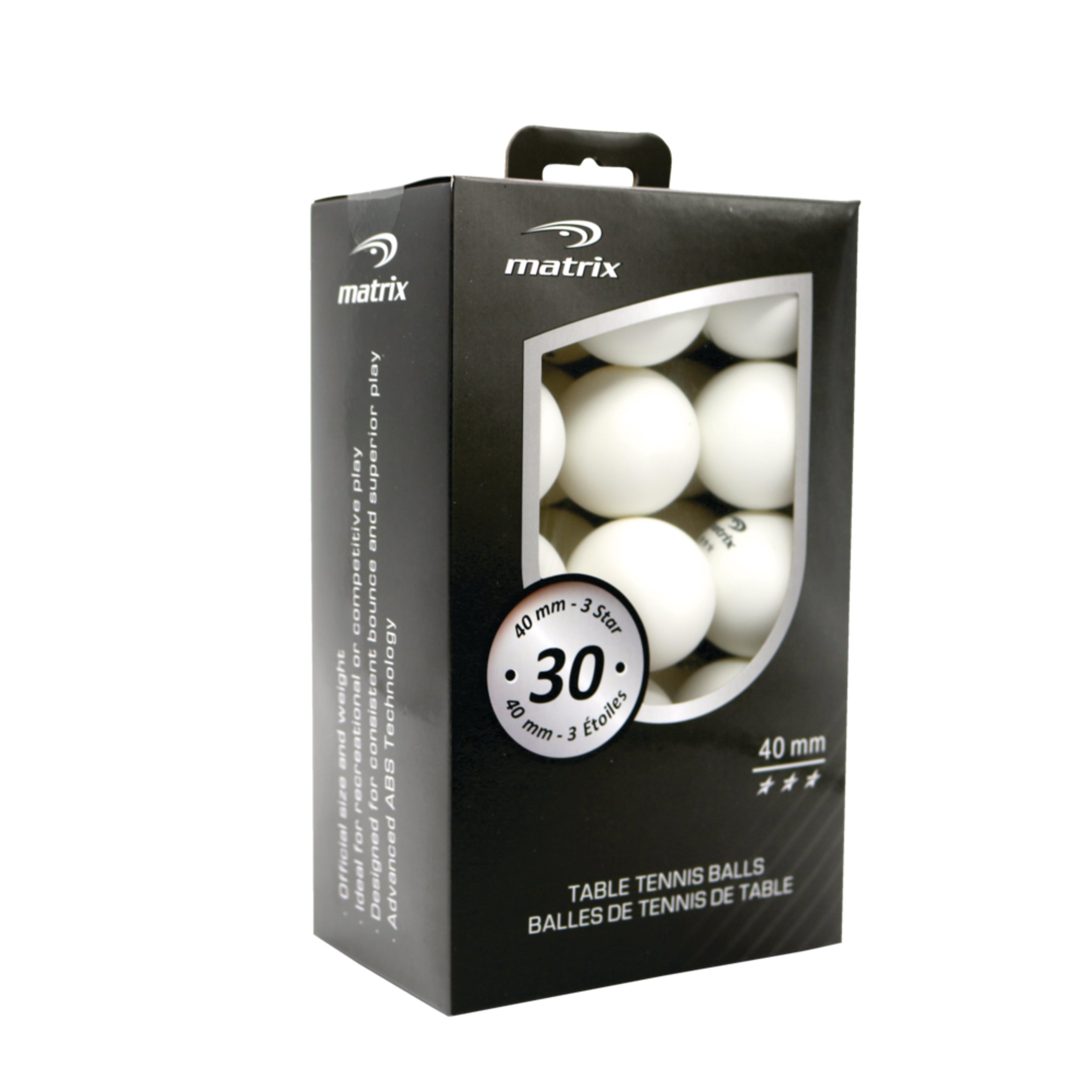 Matrix 3-Star Official Size Table Tennis/Ping Pong Balls, White, 40-mm, 30-pk Front_Three_Fourths_Angled_Right