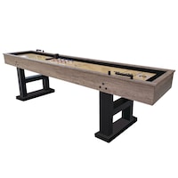 EastPoint Wood Finish Shuffleboard Table w/ Metal Pucks, Wax, Brush & Bead Scoreboard, 9-ft Front_Three_Fourths_Angled_Left