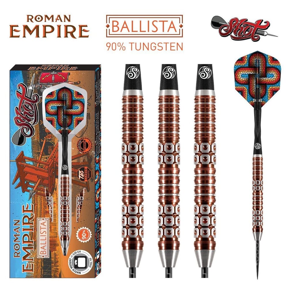 Shot Darts Roman Empire Ballista 90% Tungsten Darts Set w/ Steel Tips,  Copper, 26-g, 3-pk