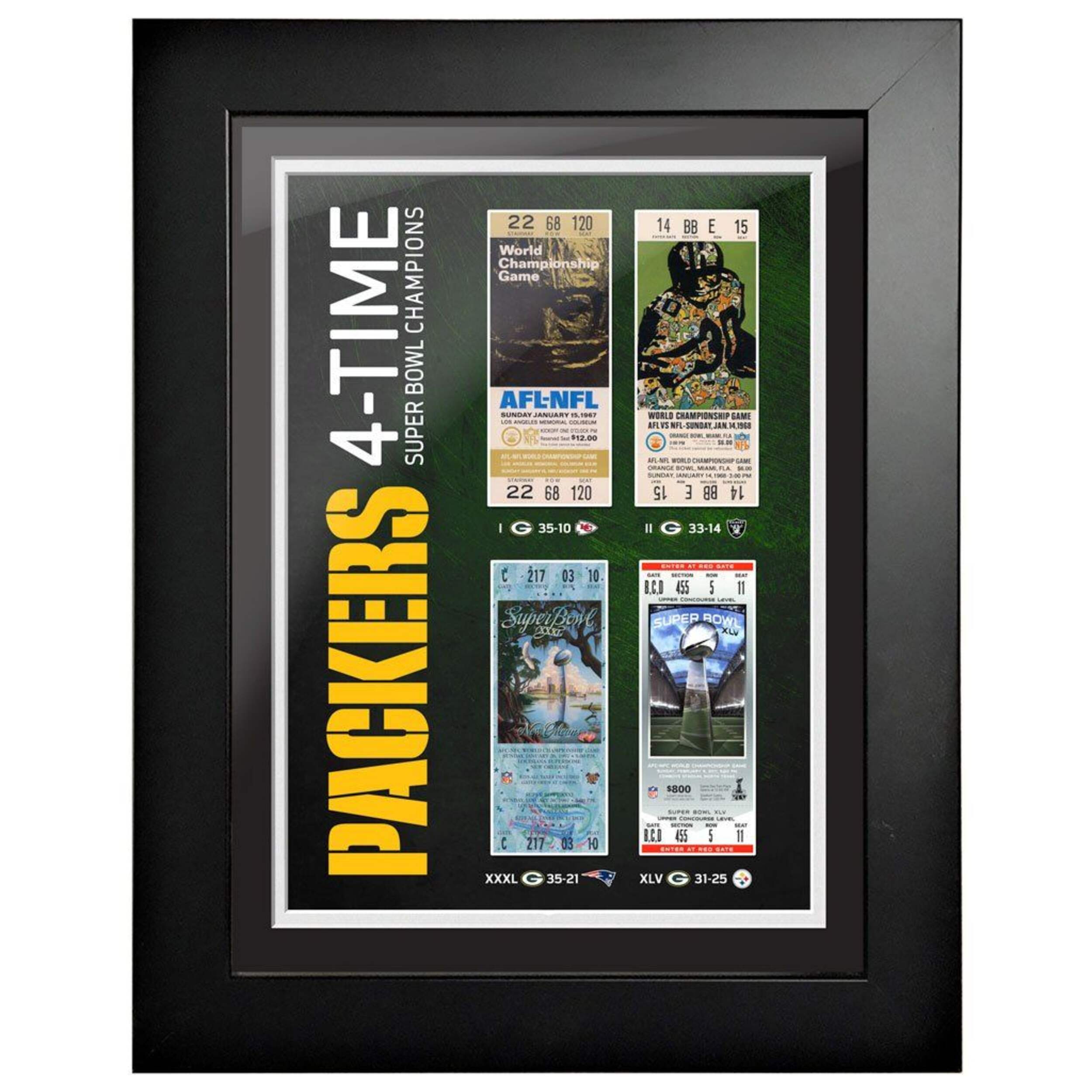 Green Bay Packers Super Bowl Champions Ticket to History Framed Artwork, 12 x 16-in Front_Flat