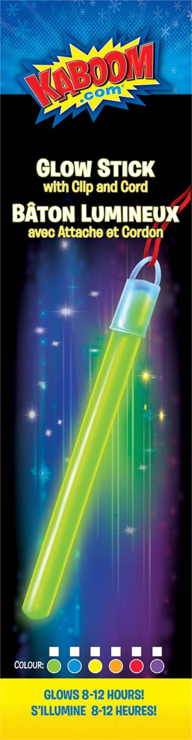 Bâton luminescent Kaboom avec pince et cordon, choix de couleurs Front_Flat