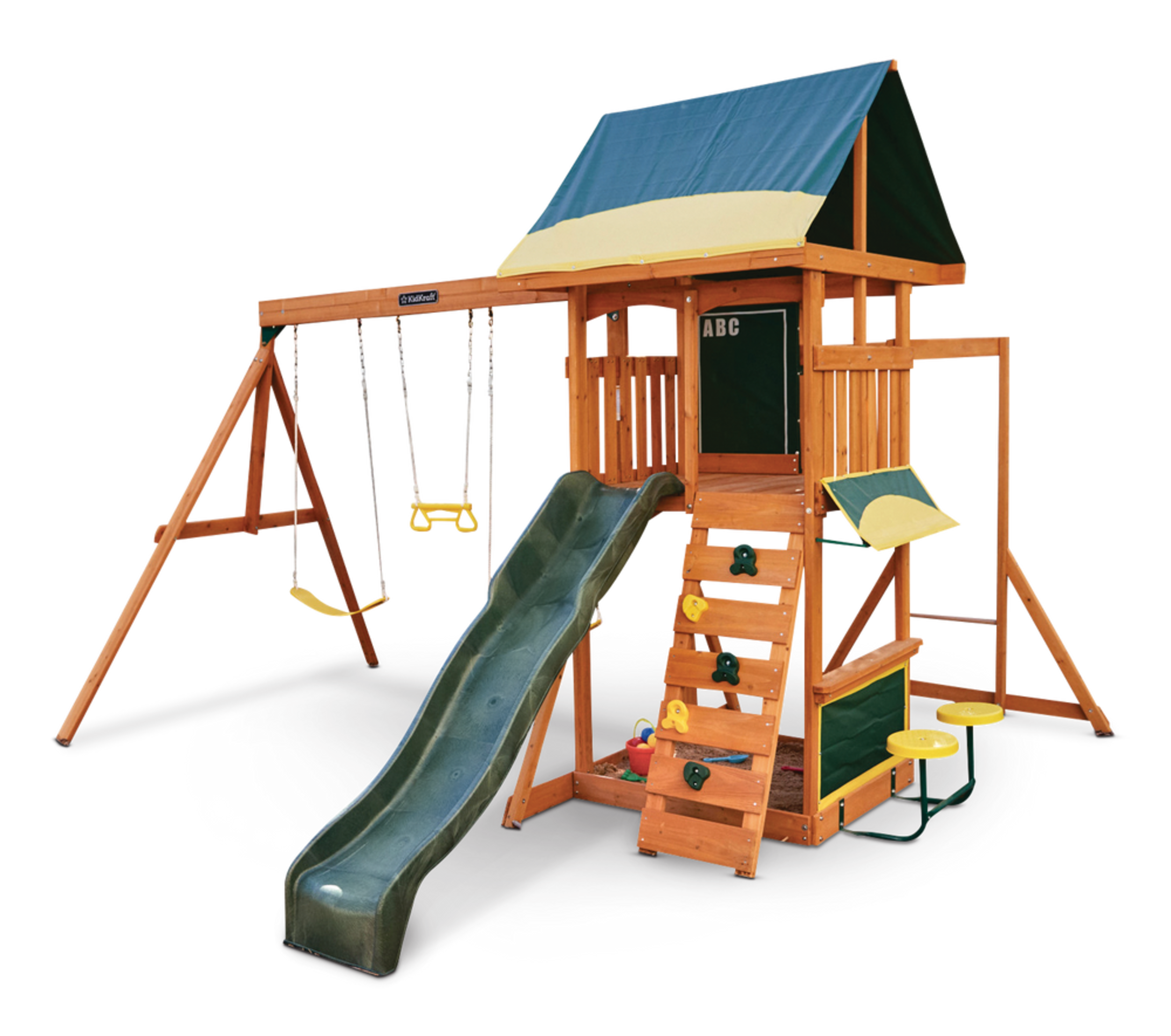KidKraft Brightside Outdoor Cedar Wooden Swing/Play Set, Kids Ages 3-10 Front_Three_Fourths_Angled_Left