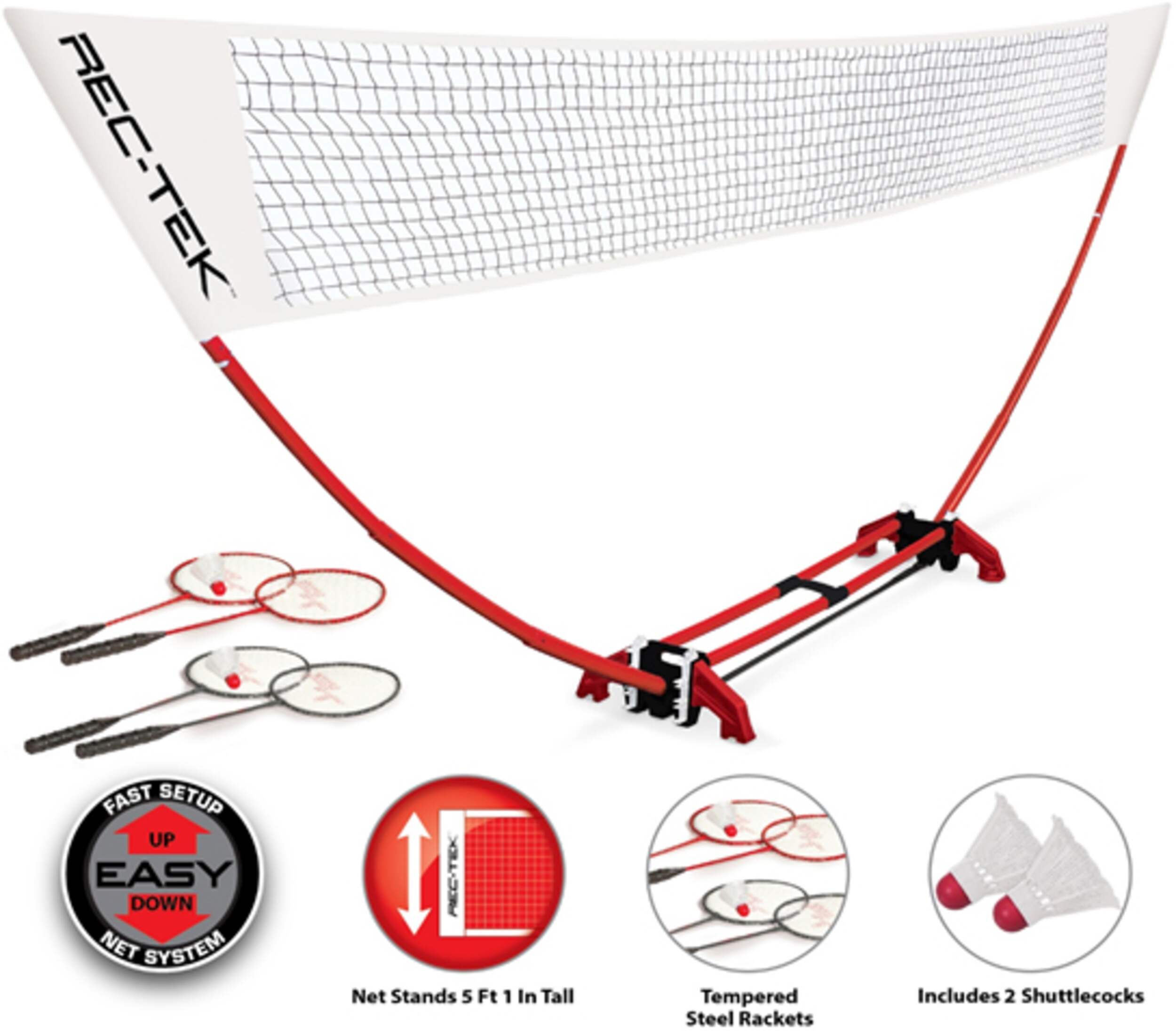 RecTek Outdoor/Indoor Portable Easy Setup Badminton Net System, 7pc
