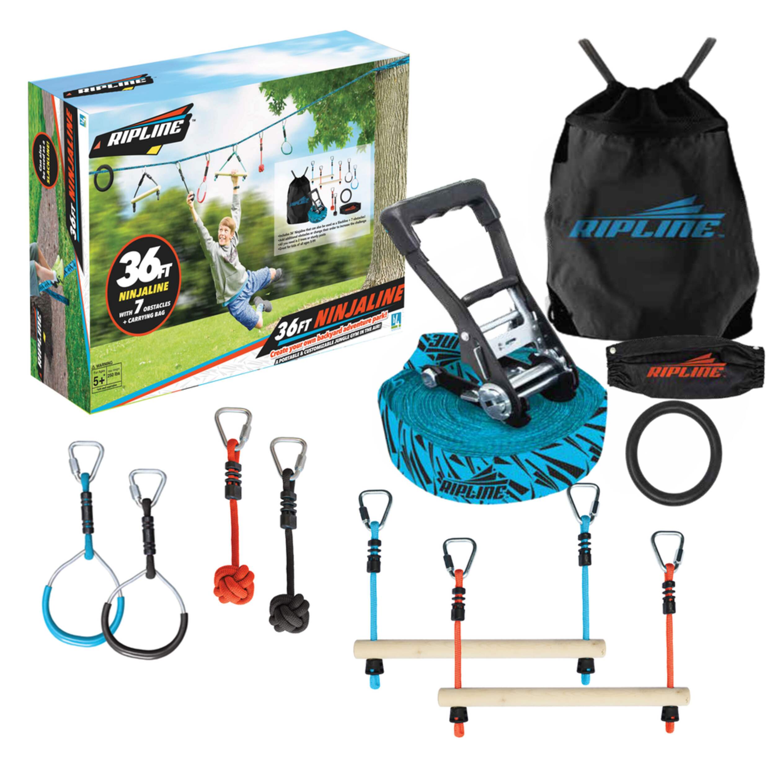 Ripline Deluxe Ninja Outdoor Air Jungle Gym, 36-ft, with 7 Obstacle Courses, Kids Ages 5+ Composite_or_Mixed