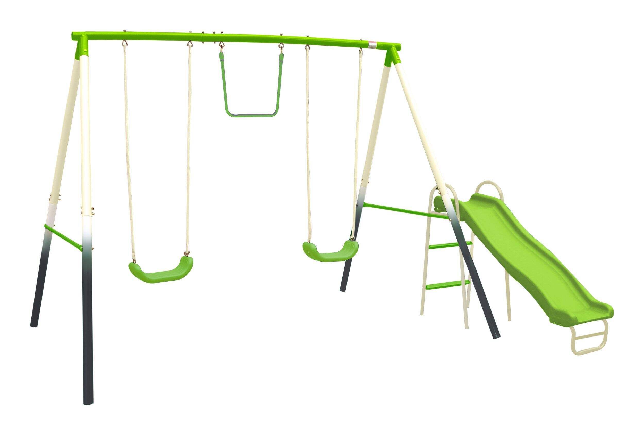 Sportspower Outdoor 4-Station Metal Swing Set Combo, 2 Swings, Trapeze & Slide, Kids Ages 3+ Front_Three_Fourths_Angled_Right