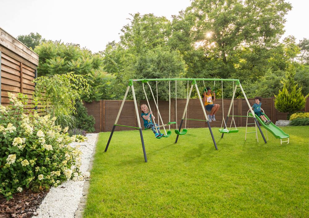 5 In 1 Metal Swing Set With Ladder Outdoor Backyard Playset Fun Kids Playground 
