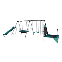 Sportspower Outdoor Ravine Metal Swing Set Combo, 2 Swings, Glider, Trampoline & Saucer Front_Angled_Left