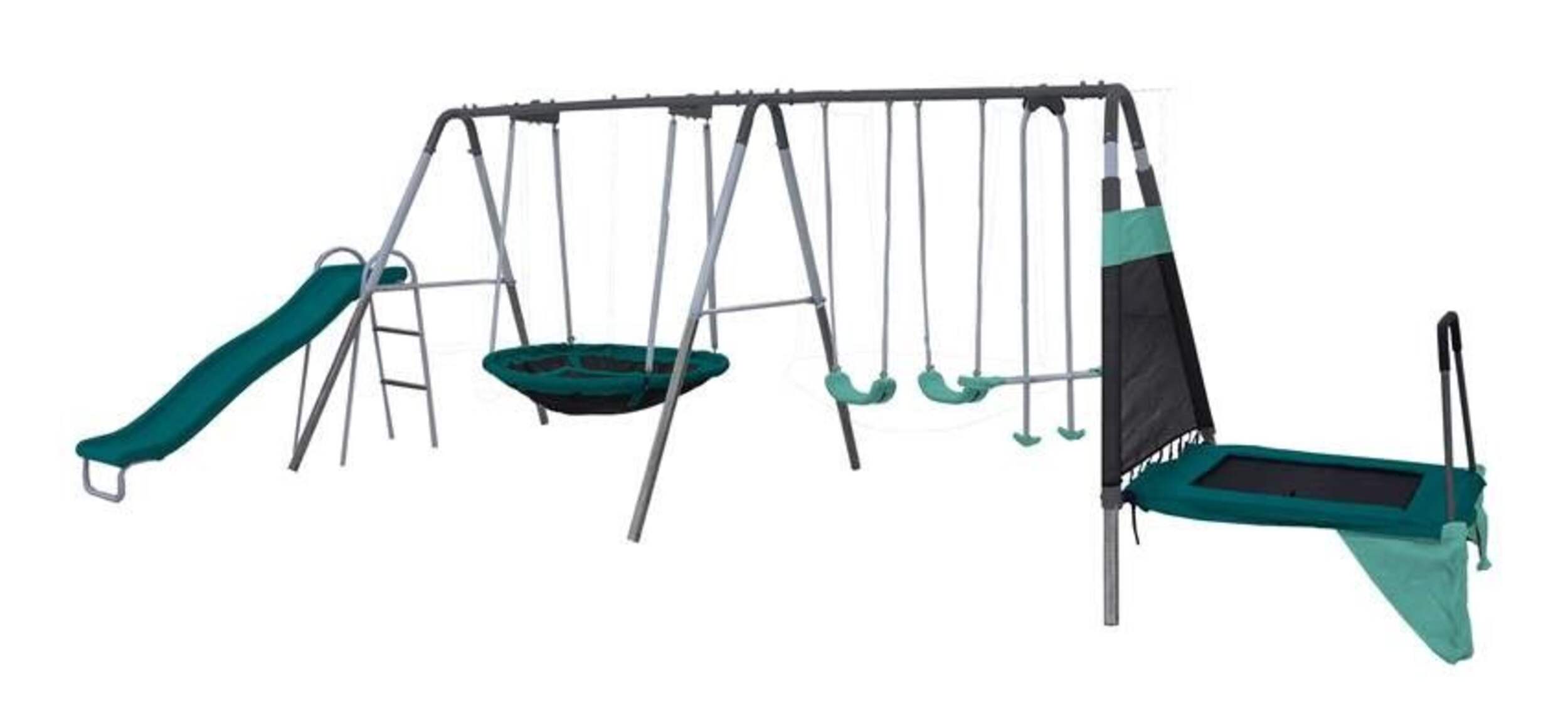 Sportspower Outdoor Ravine Metal Swing Set Combo, 2 Swings, Glider, Trampoline & Saucer Front_Angled_Left