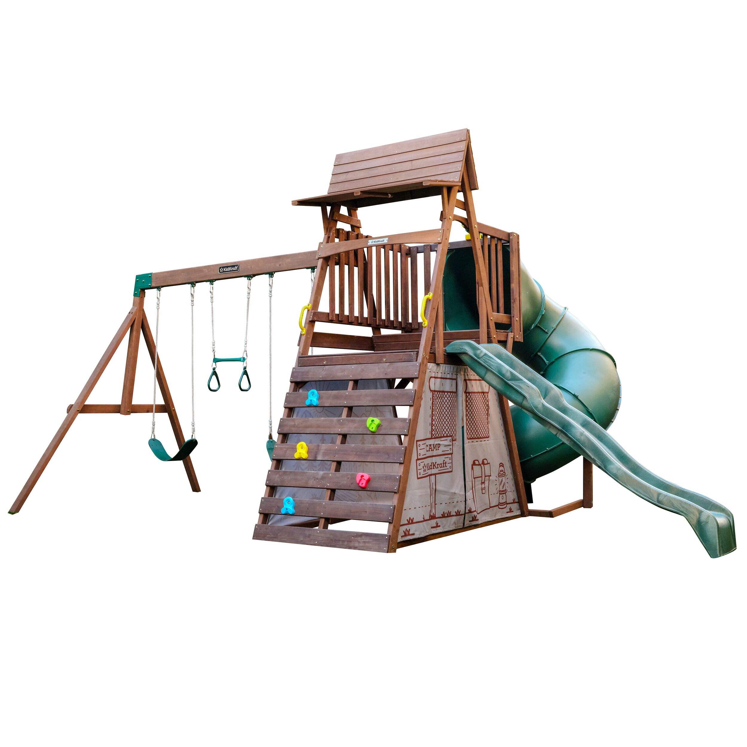 KidKraft Ranger Retreat Wood Swing Set with Tent and Tube Slide, Ages 3+ Front_Three_Fourths_Angled_Left