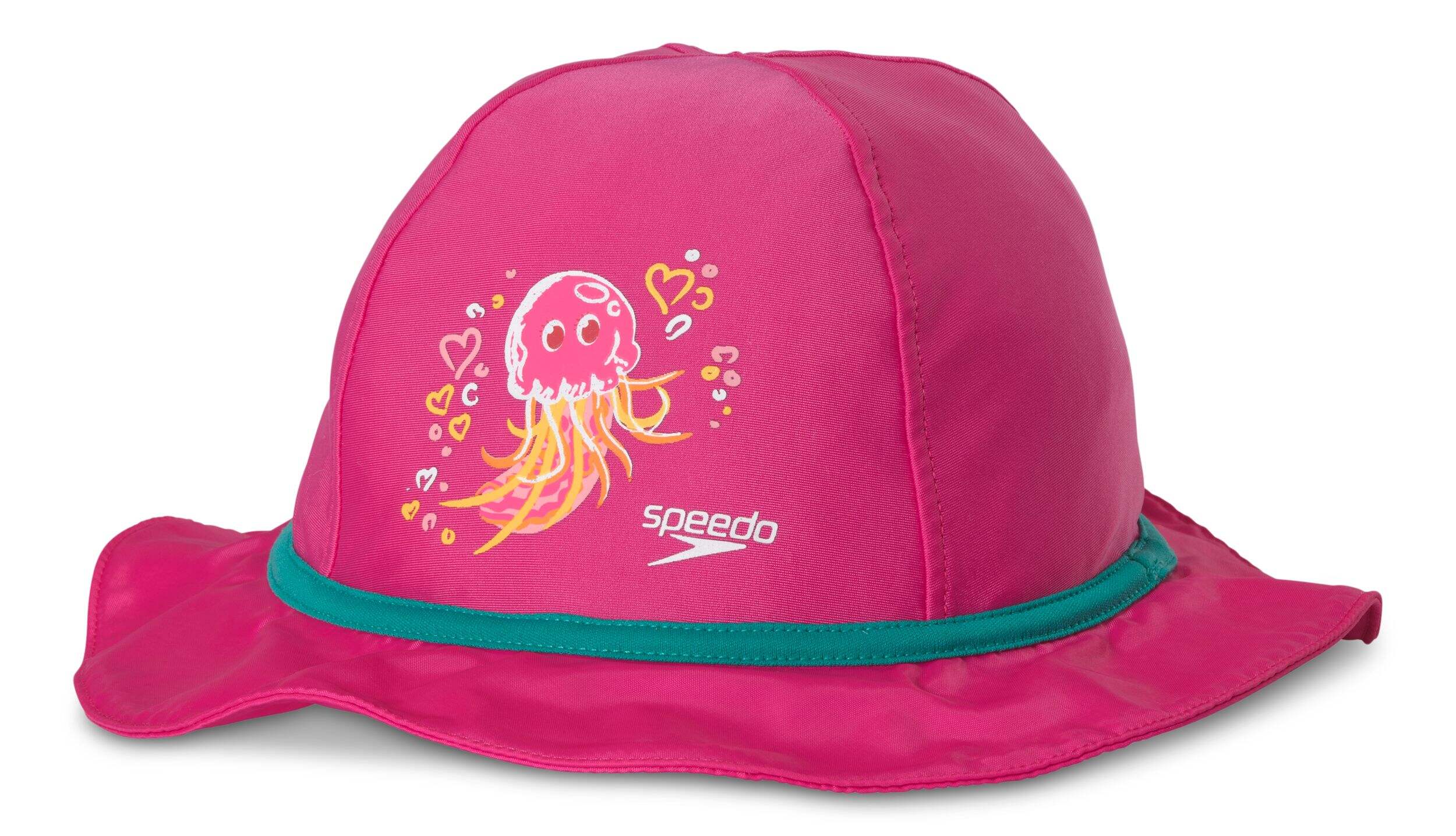 Speedo Kids UPF 50+ Sun-Protected Bucket Hat w/ Chin Strap, Pink Front_Angled_Left