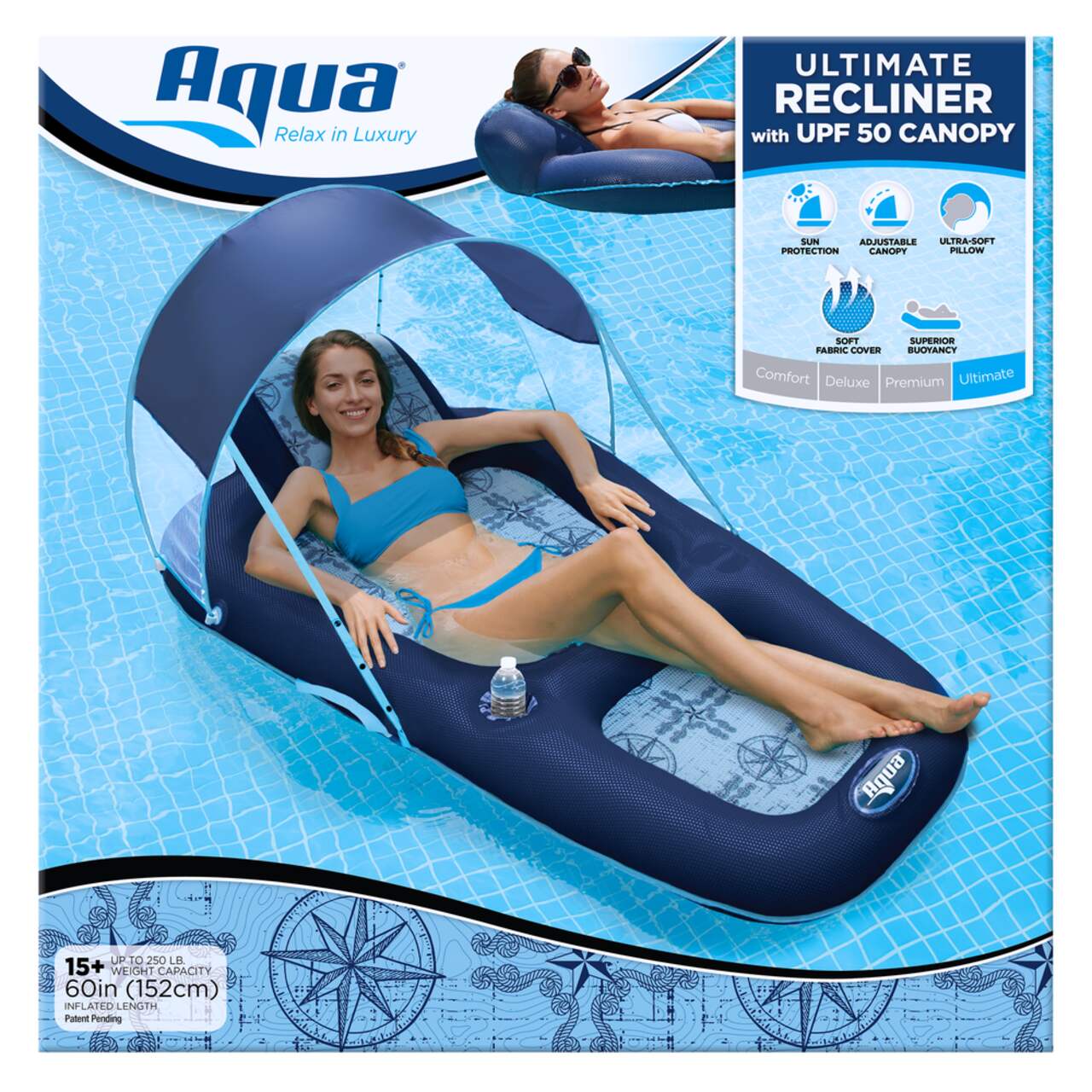 Aqua Luxury Inflatable Pool/Water Lounge with Canopy, UPF 50