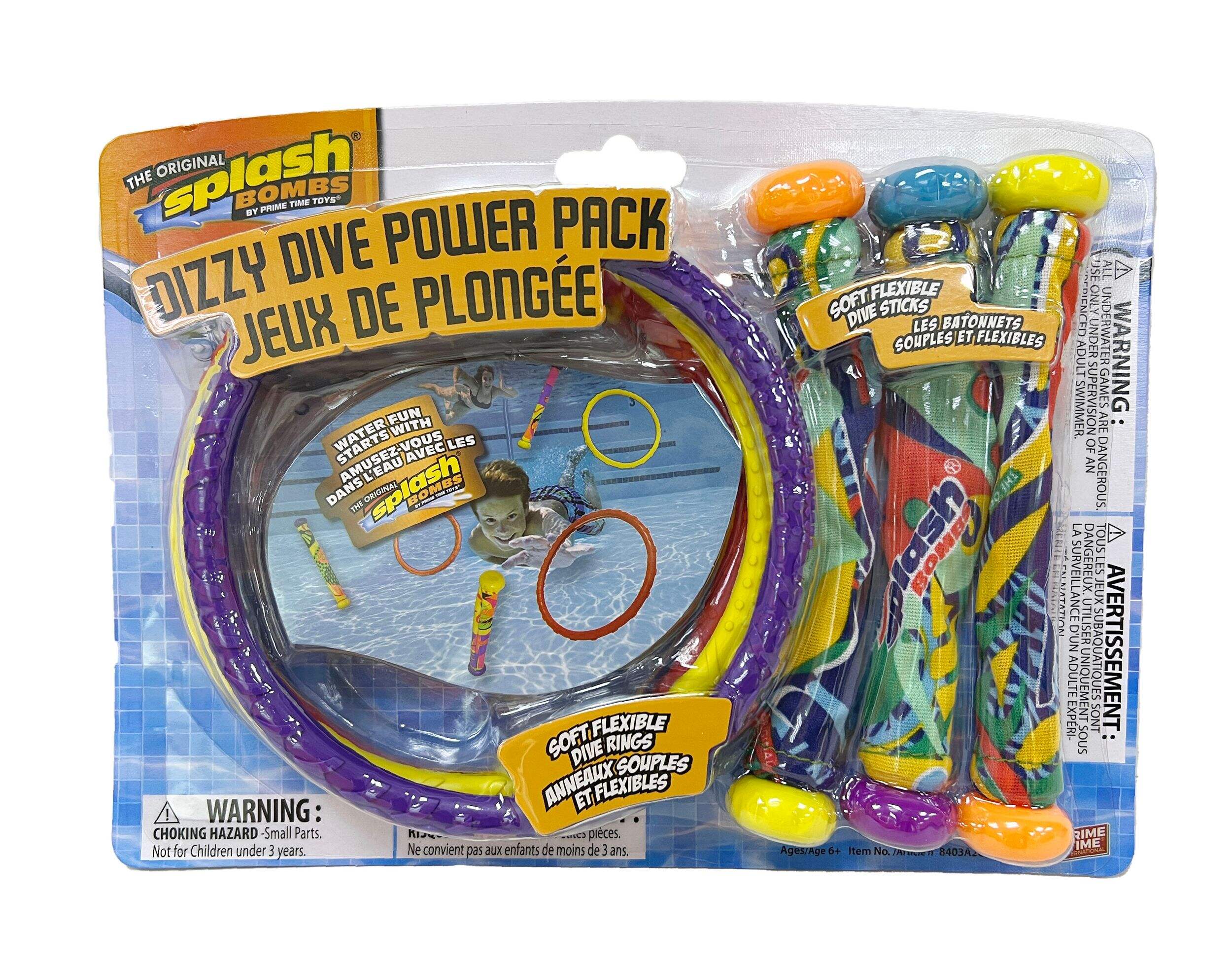Splash Bombs Dizzy Dive Power Pack Flexible Pool Kids' Dive Rings & Sticks, Multi-Coloured, 6-pk, Ages 4+, for Beach/Pool Fun Activities Front_Flat