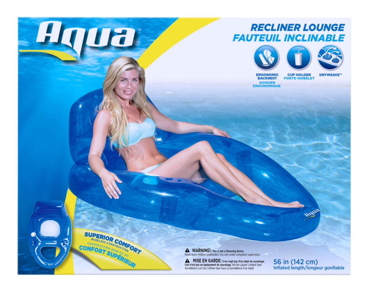 Aqua Inflatable Reclining Pool Lounger, with Cup Holder, Blue