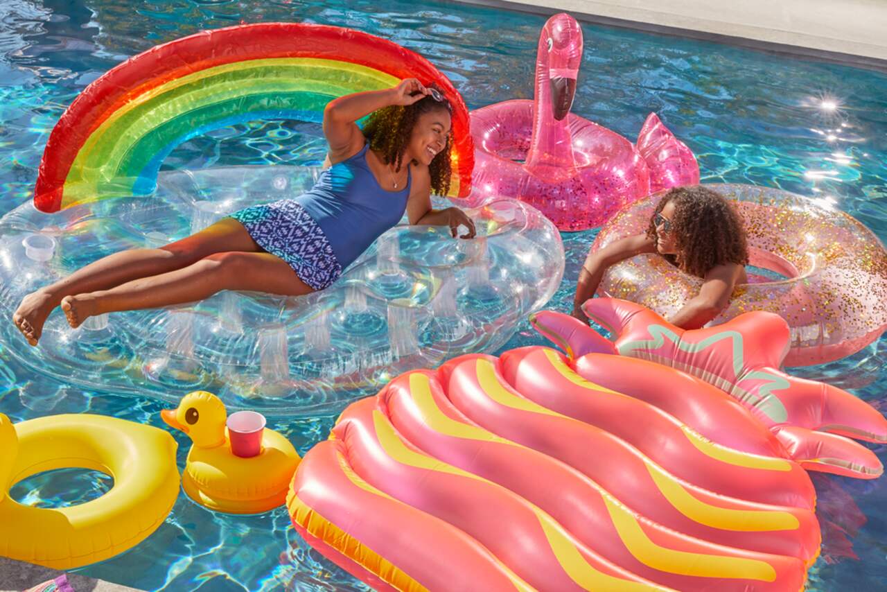 Stella & Finn Inflatable Confetti Ride-On Flamingo Pool Float/Lounger, Pink