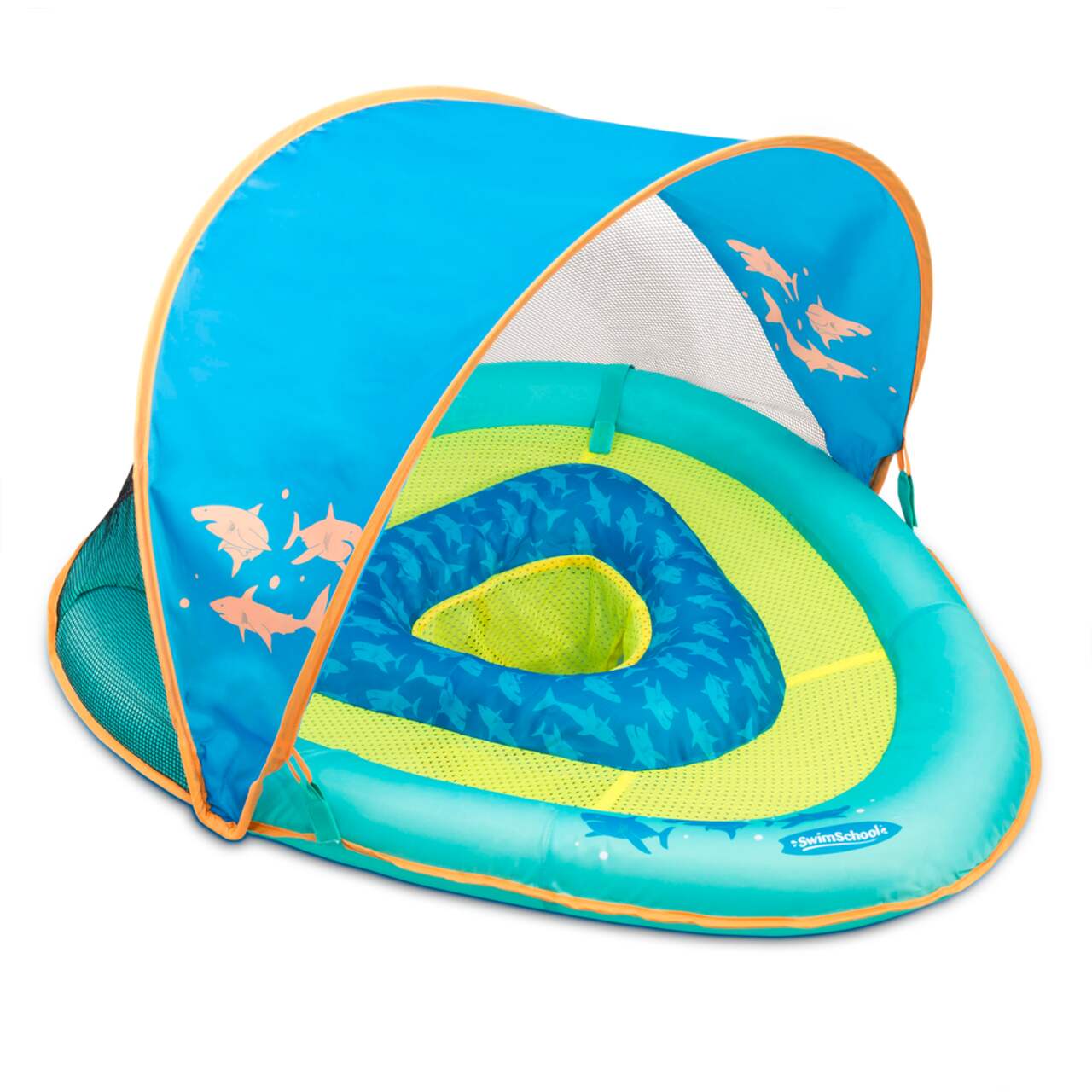 SwimSchool Grow-with-Me Inflatable UV-Protected Baby Swim Float/Boat with  Canopy, Blue, Ages 6-24 months