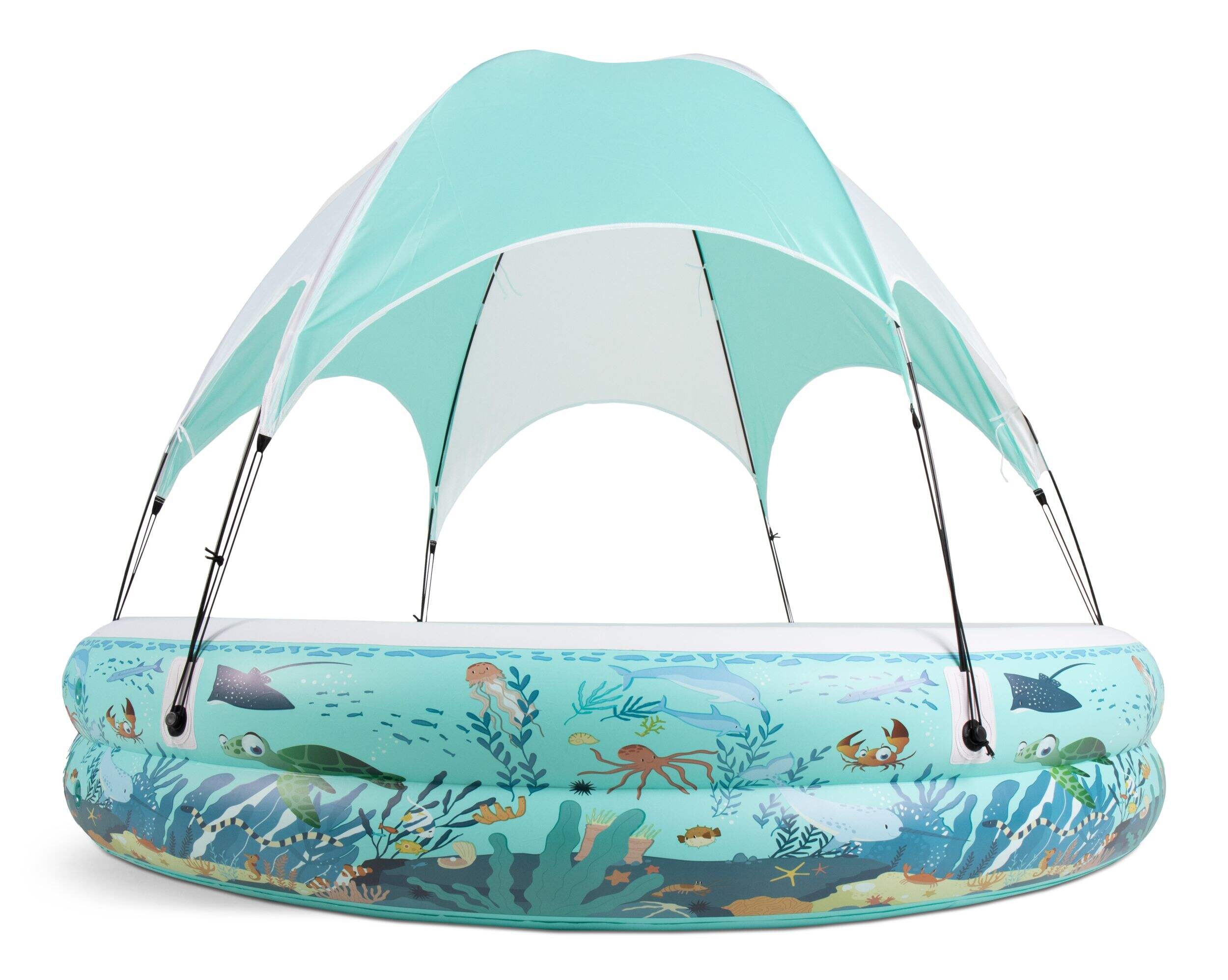 Stella & Finn Ocean Life Splash & Play Inflatable 2 Ring Canopy Pool, 86.6” x 86.6” x 64” Front_Flat