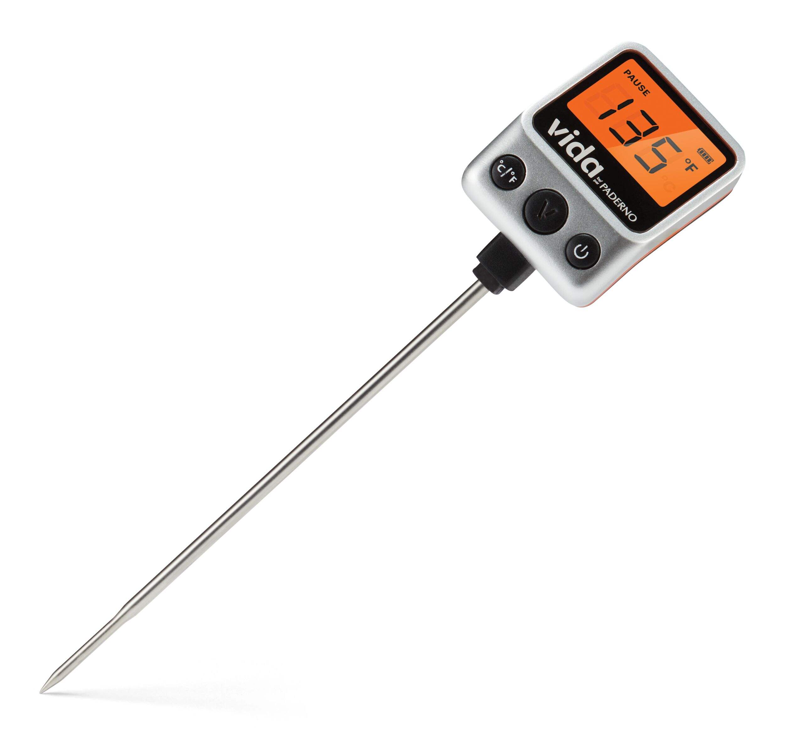 Vida by PADERNO Digital Instant Read BBQ Food Thermometer with Stainless Steel Probe Front_Three_Fourths_Angled_Left