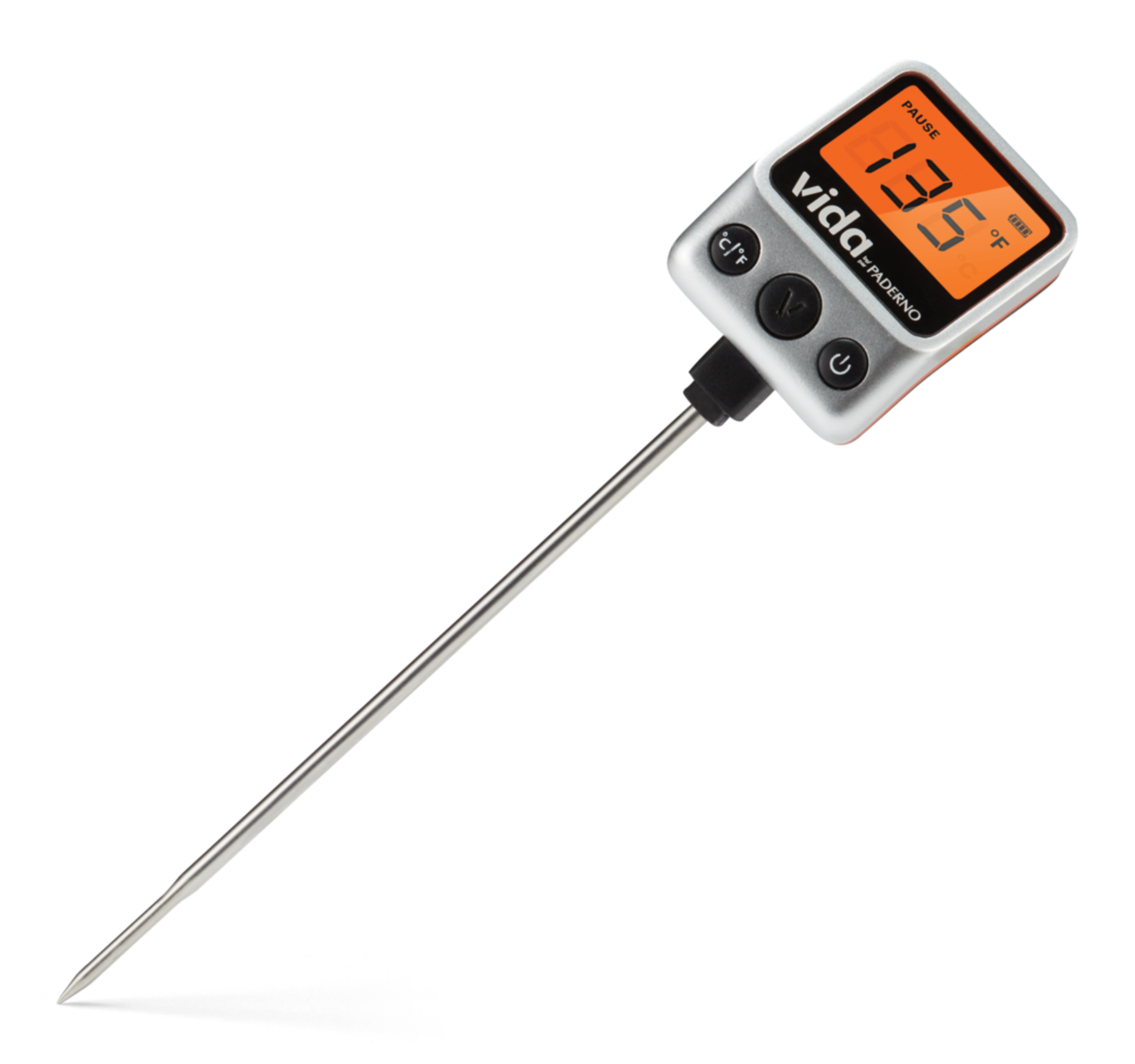 Vida by PADERNO Digital Instant Read BBQ Food Thermometer with Stainless Steel Probe Front_Three_Fourths_Angled_Left