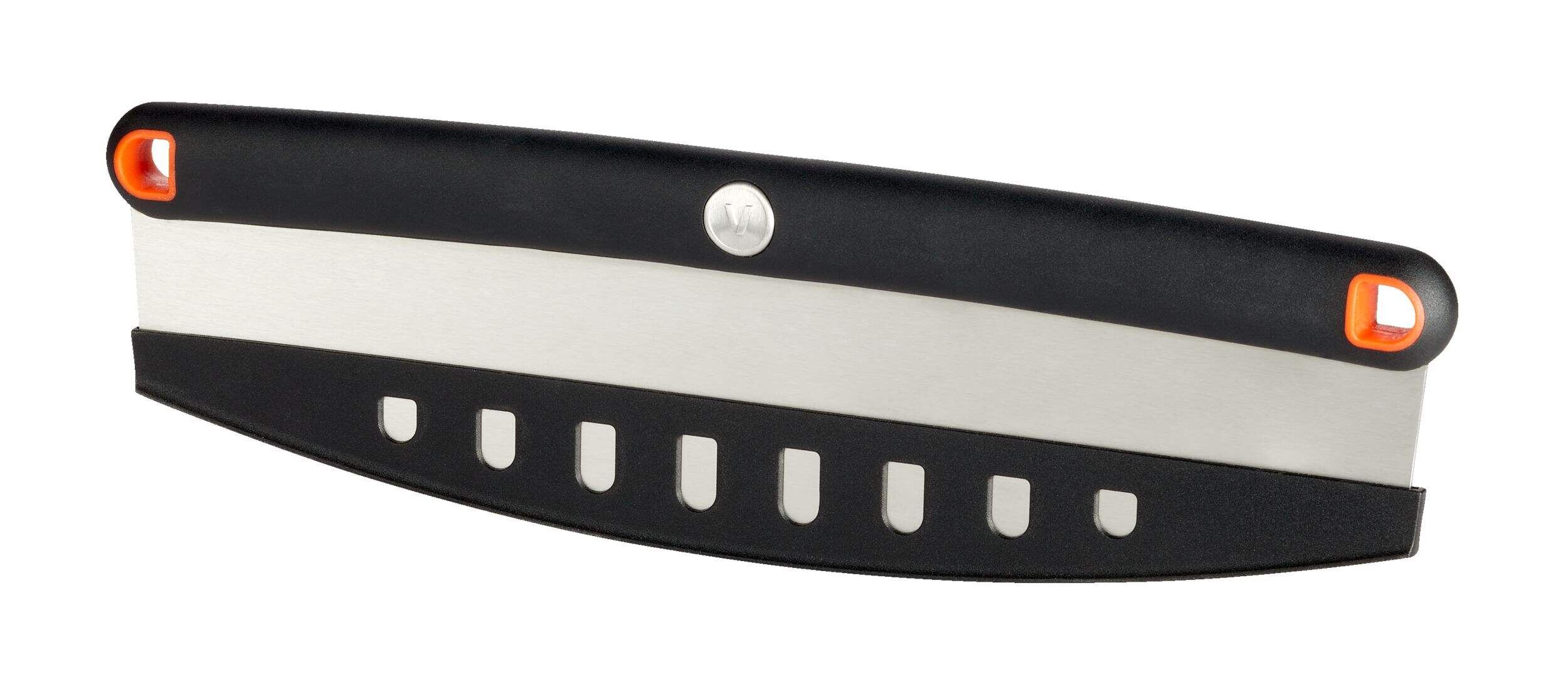 Vida by PADERNO Stainless Steel Pizza Rocker Knife with Protective Sheath Front_Angled_Left