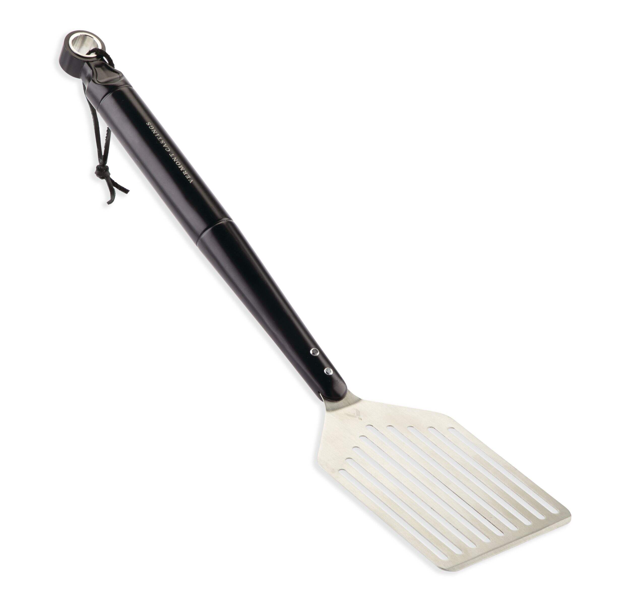 Vermont Castings Premium Stainless Steel BBQ Grill Spatula with a Leather Loop Front_Three_Fourths_Angled_Right