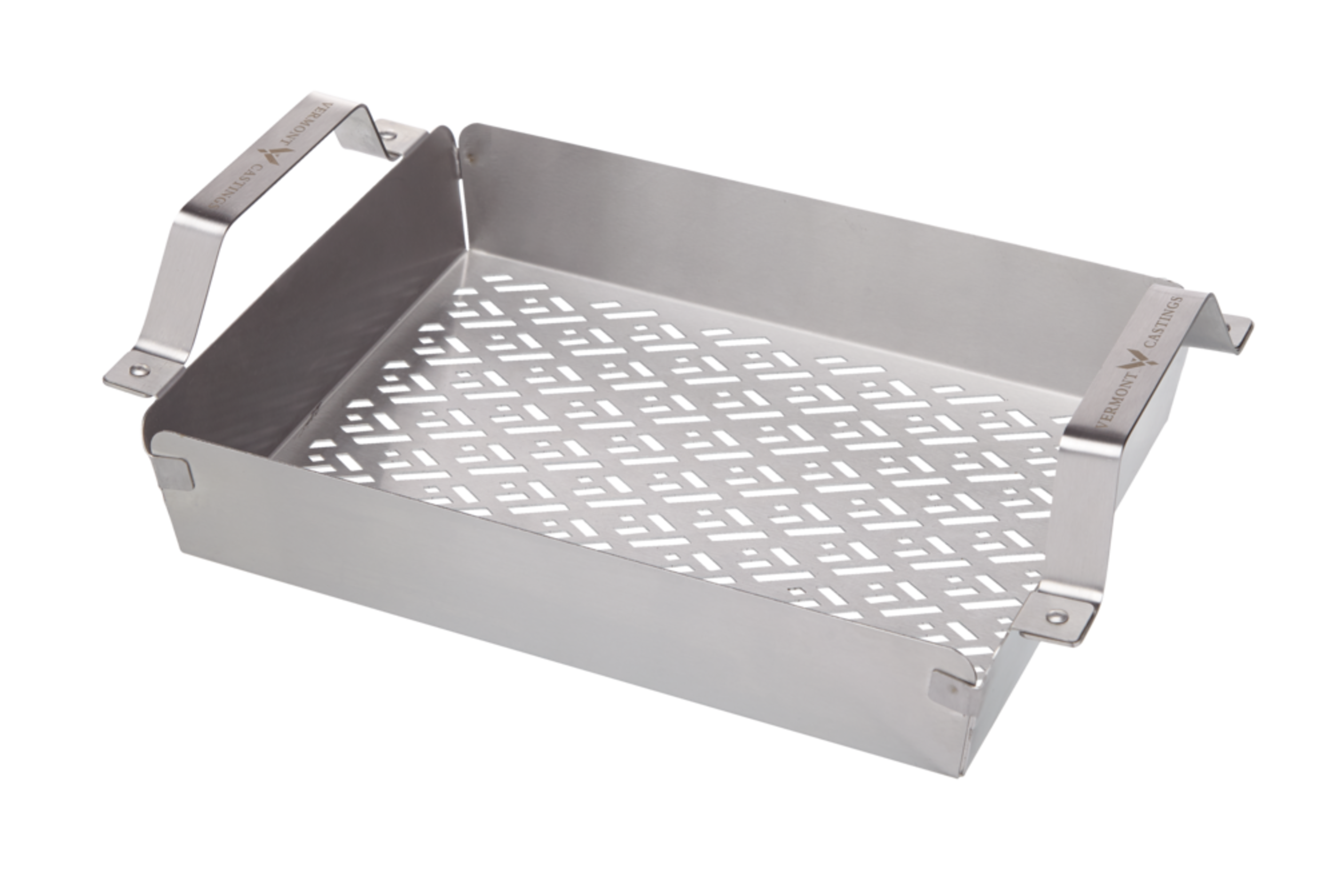 Vermont Castings Stainless Steel Rectangular Shaped BBQ Grill/Grilling Basket Topper w/ Handles Front_Angled_Left