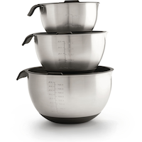 Napoleon Stainless Steel 3-Piece Marinating/Mixing Bowl Set, Nonslip Rubber Grip Bottom, Includes Lids, Metric and Imperial Measurements Inside Front_Flat