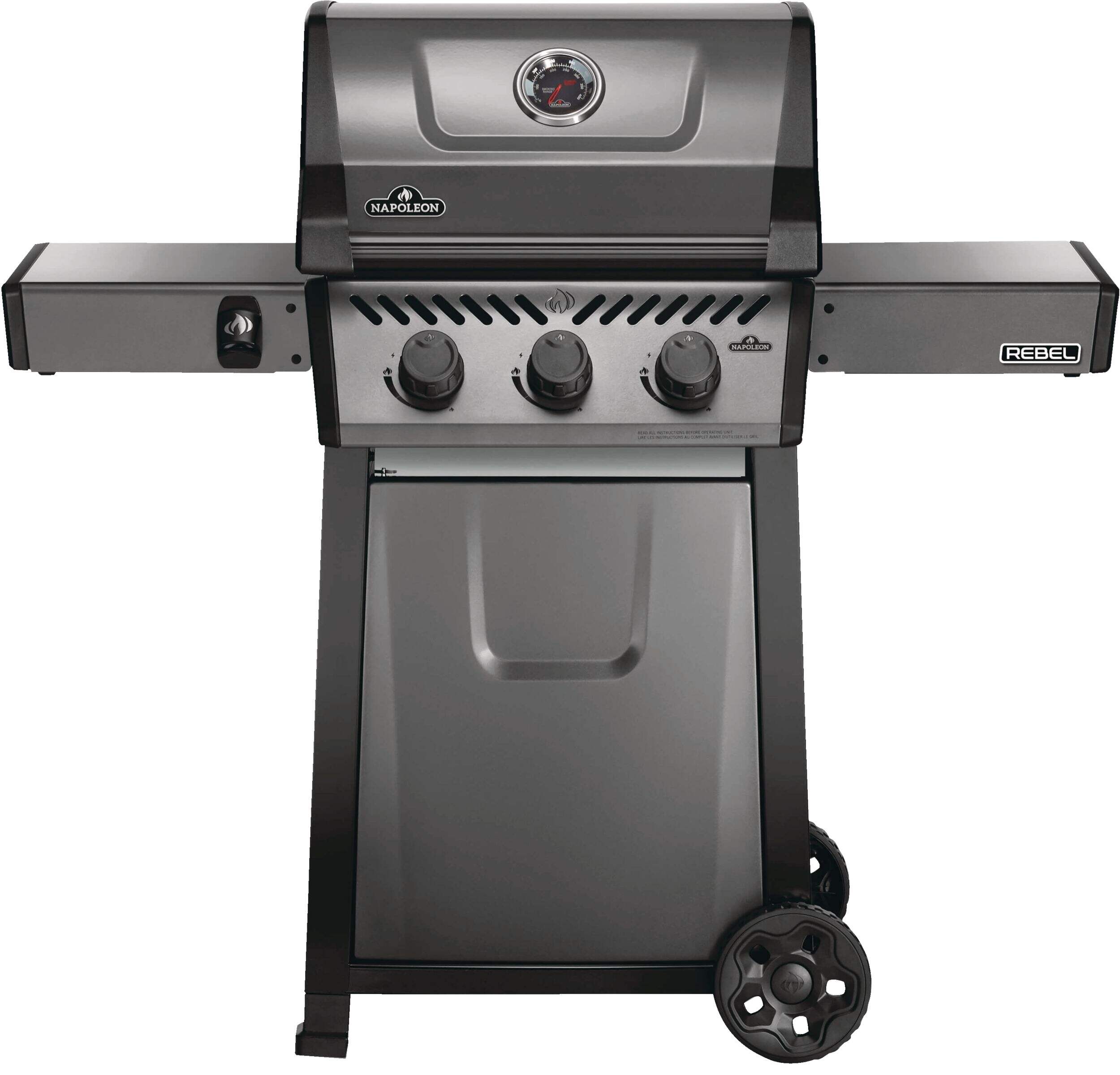 Napoleon Rebel 3-Burner Natural Gas BBQ Grill, Folding Side Shelves, Graphite Grey Front_Flat