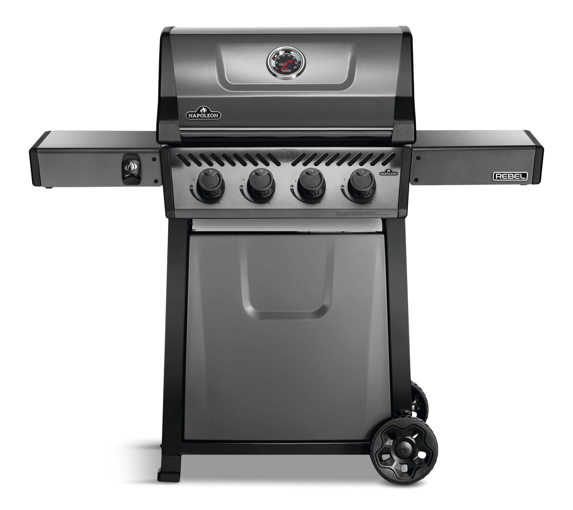 Napoleon Rebel Natural Gas BBQ Grill with 4 Burners Graphite Grey Folding Side Shelves Cast Iron Cooking Grids Canadian Tire