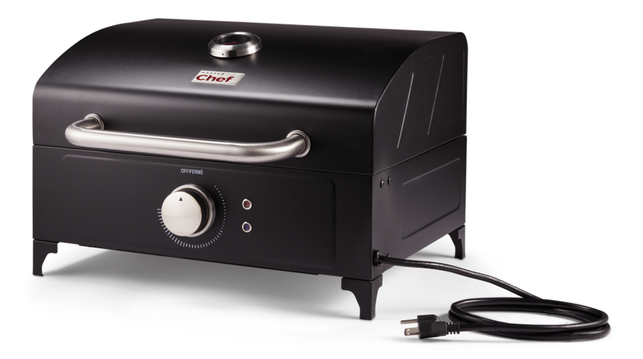 MASTER Chef Tabletop Portable Electric BBQ Grill with Cast-Iron Grates, Black Front_Three_Fourths_Angled_Left