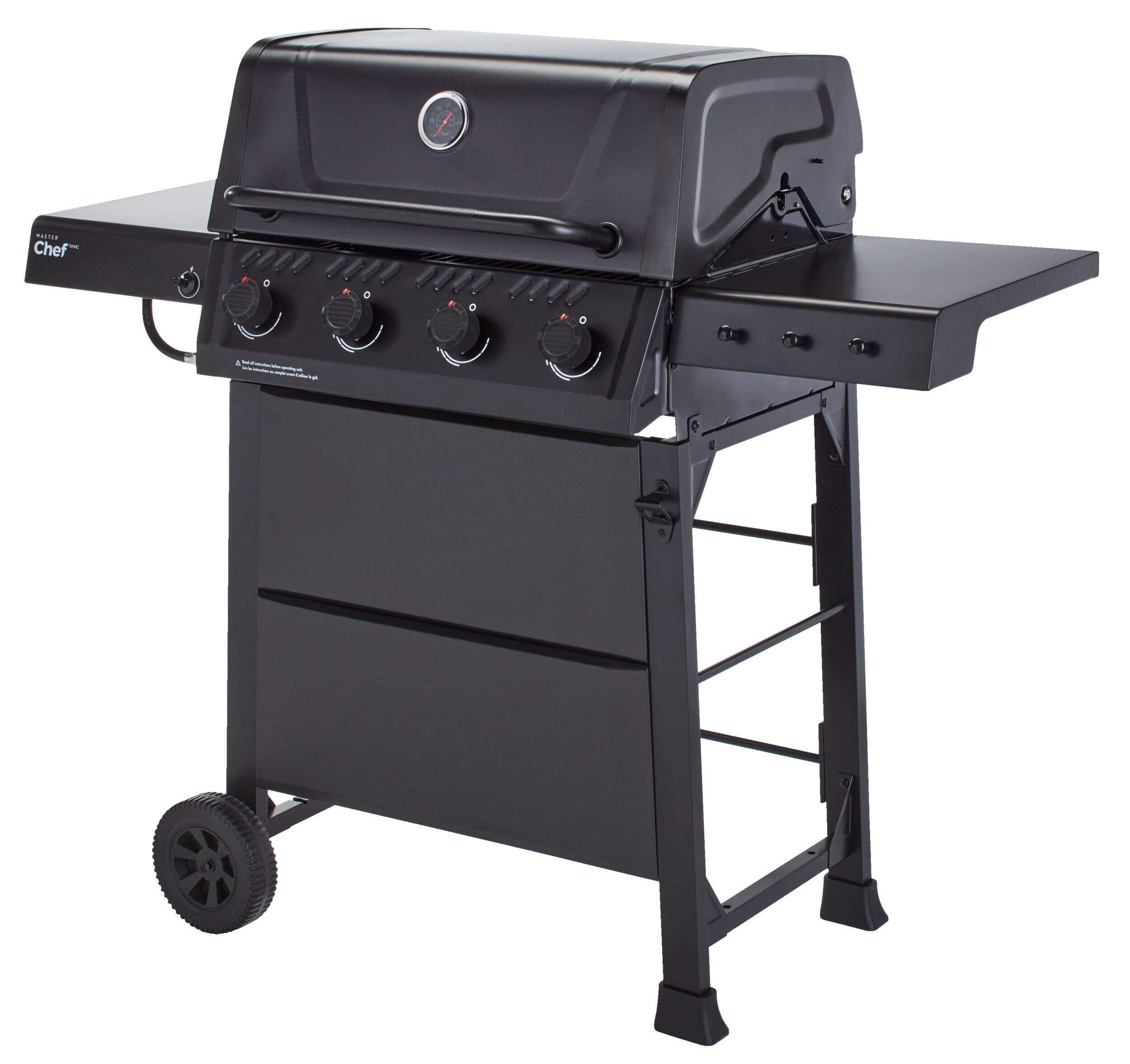 Barbecue au propane MASTER Chef Discover à 4 brûleurs avec bouton-poussoir Front_Three_Fourths_Angled_Left