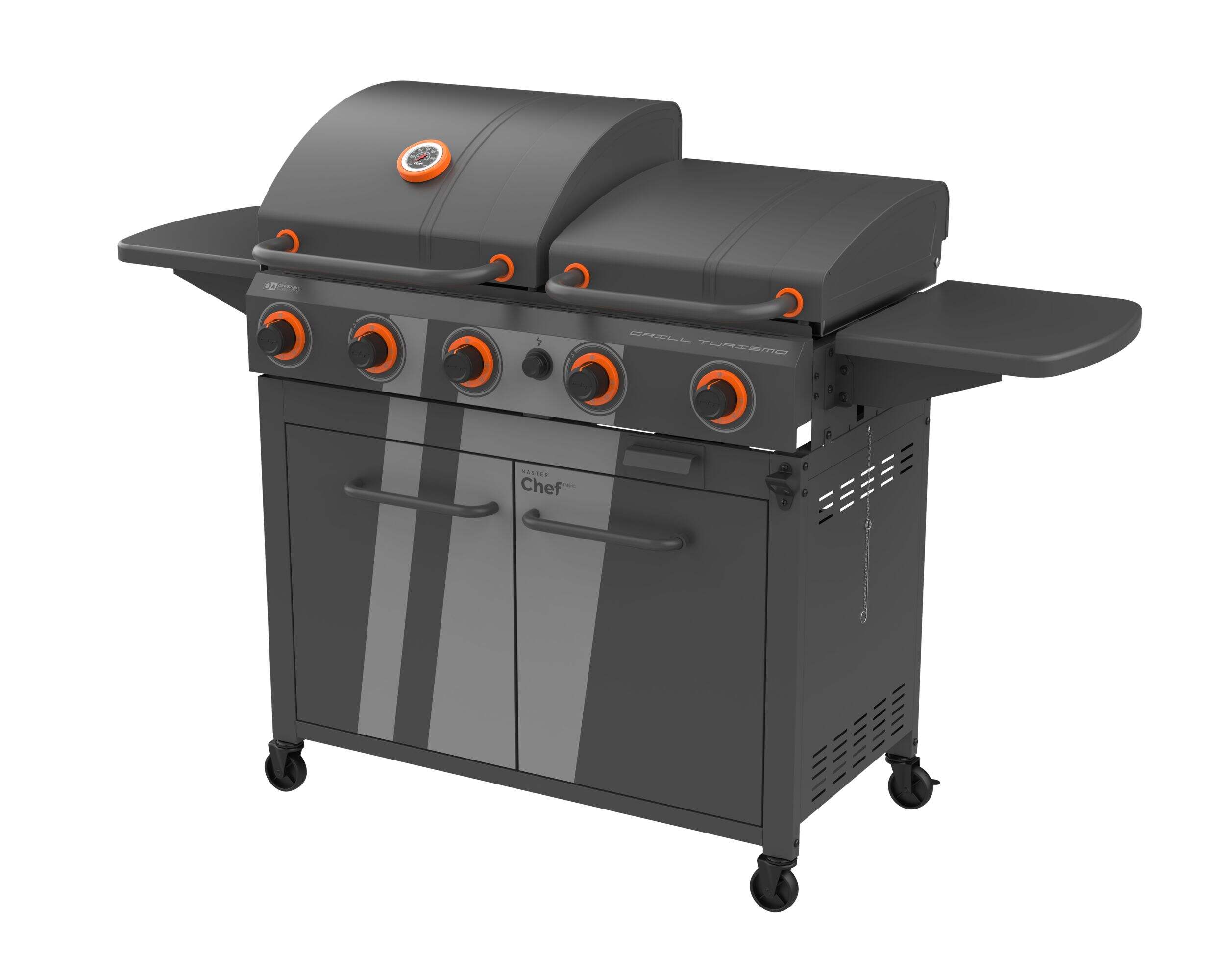 MASTER Chef Grill Turismo™ 5-Burner Propane BBQ Grill and Griddle with Convertible Valve System Front_Three_Fourths_Angled_Right