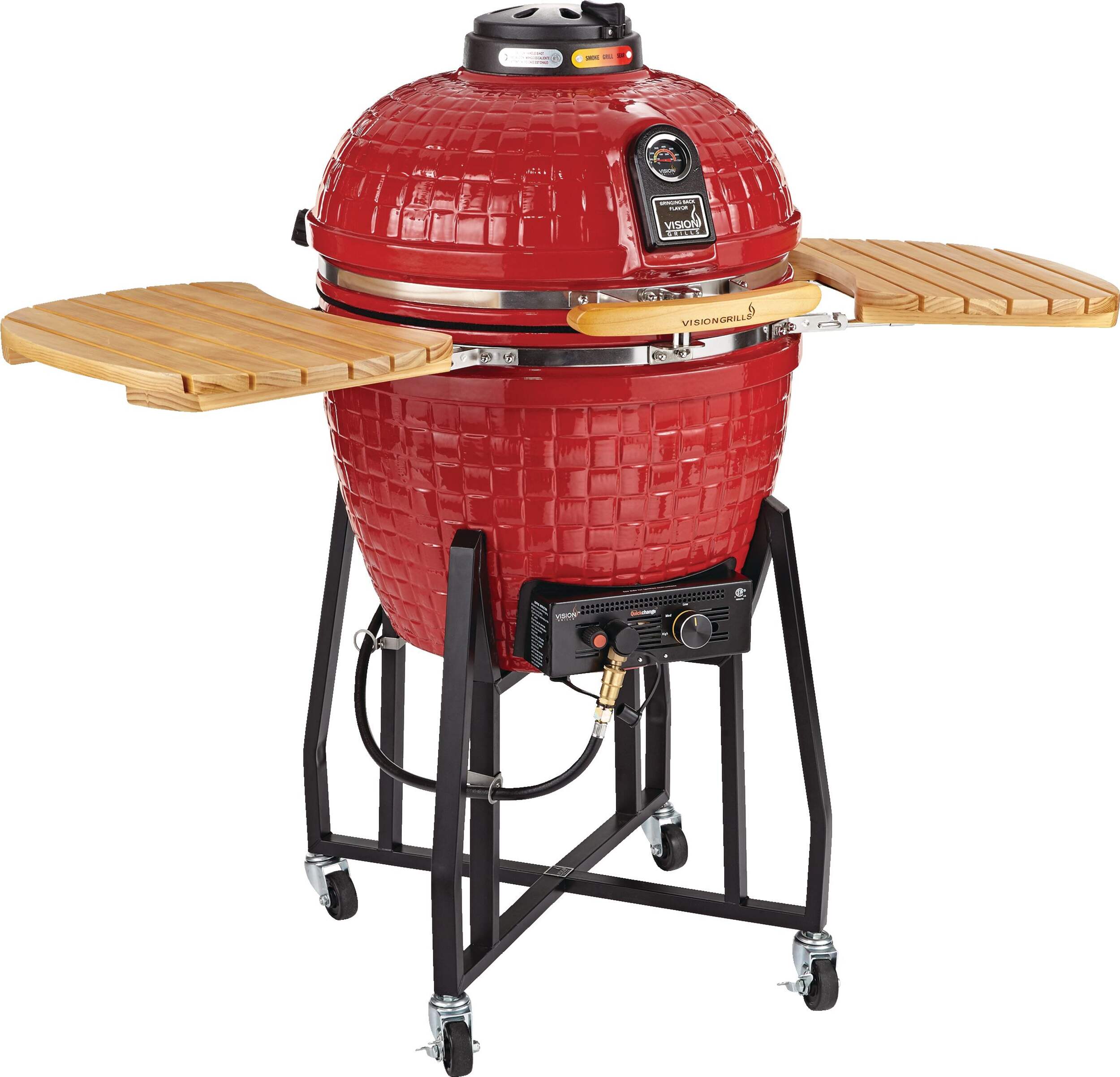 Vision Grills Portable Ceramic Kamado Charcoal BBQ Grill with Wooden Side Shelves Front_Angled_Right