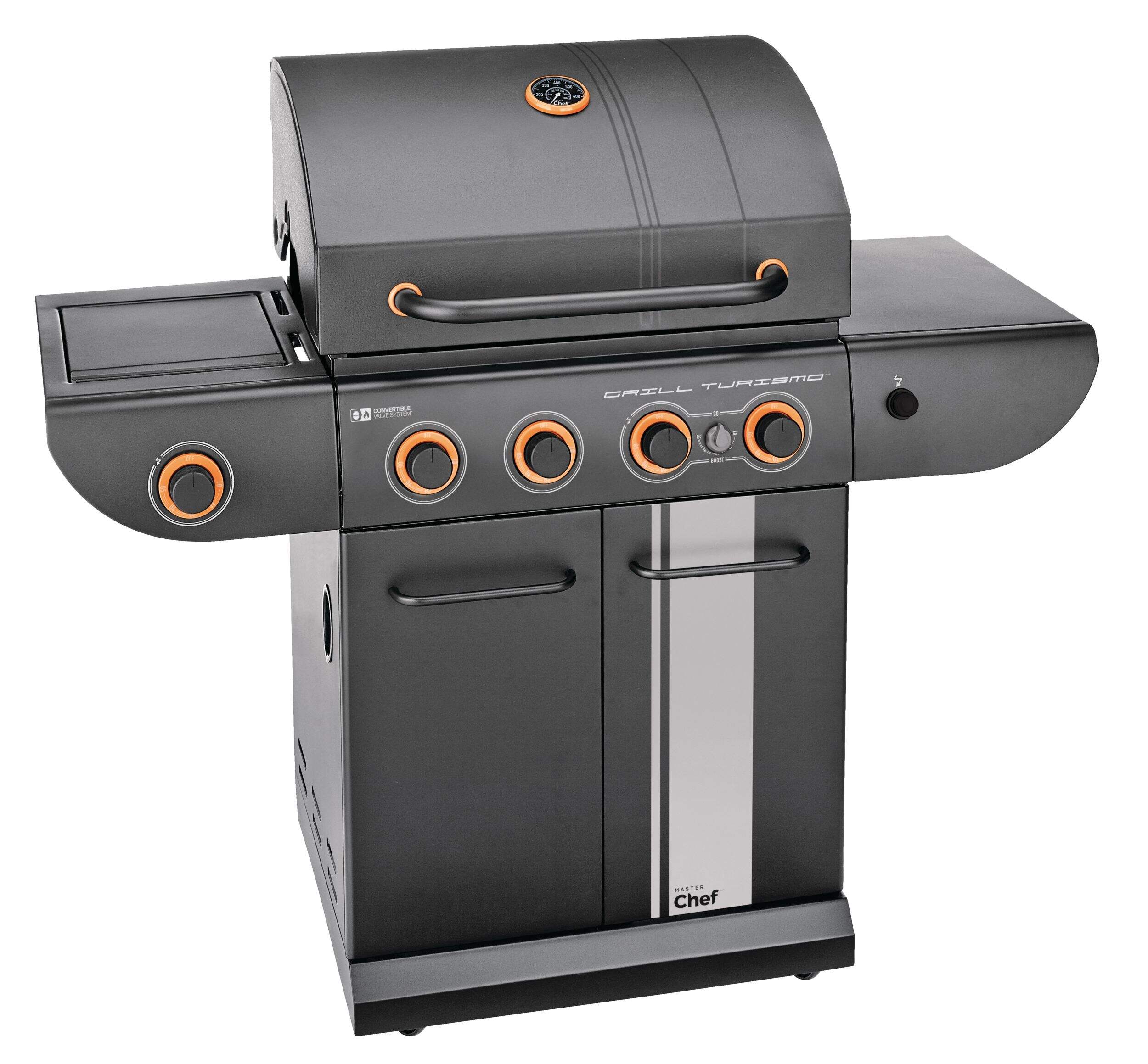 MASTER Chef Grill Turismo 4-Burner Convertible BBQ with Side Burner Front_Three_Fourths_Angled_Right