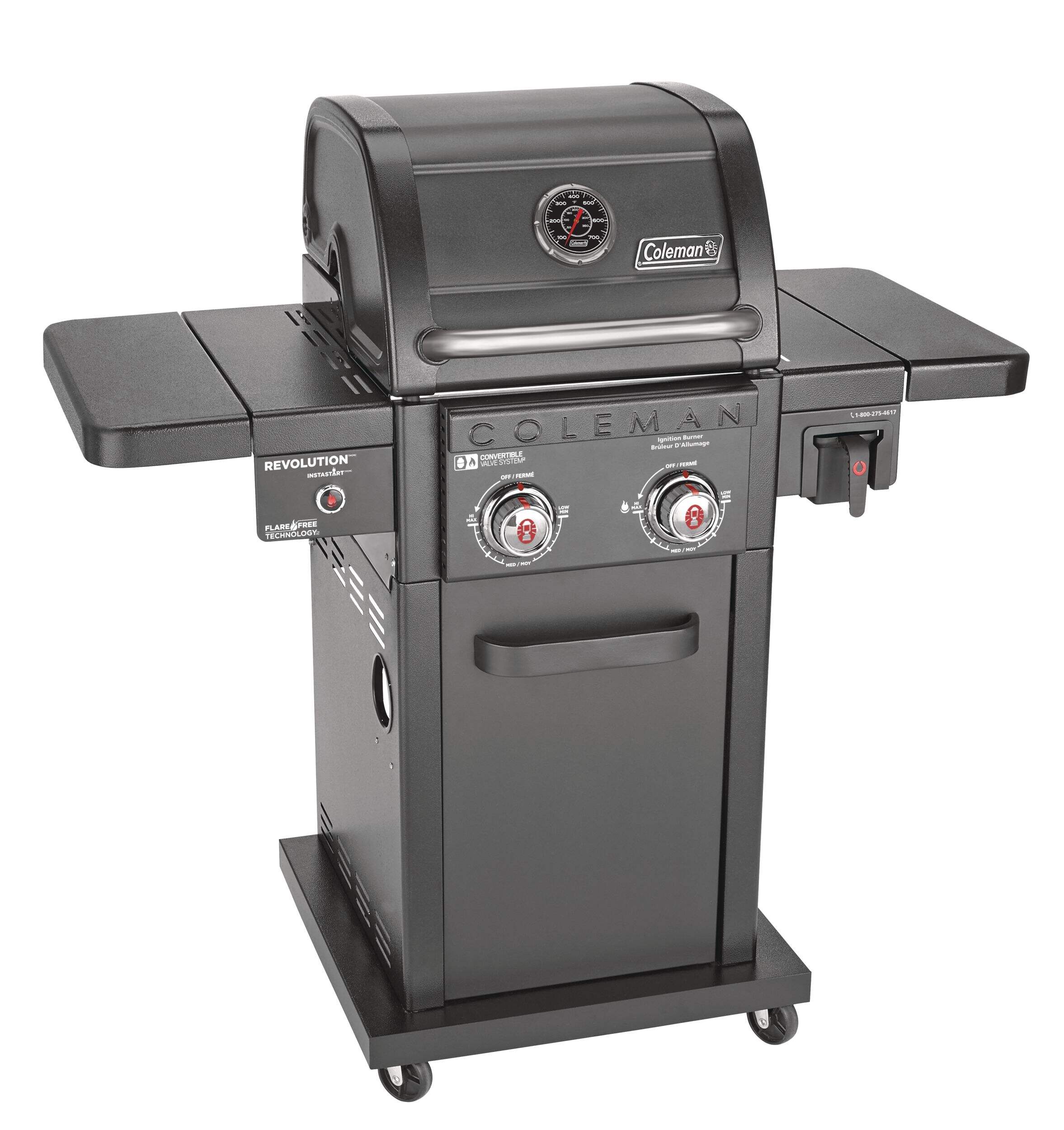 Coleman Revolution 2-Burner Convertible Propane Gas BBQ Grill with Side Shelves Front_Three_Fourths_Angled_Right