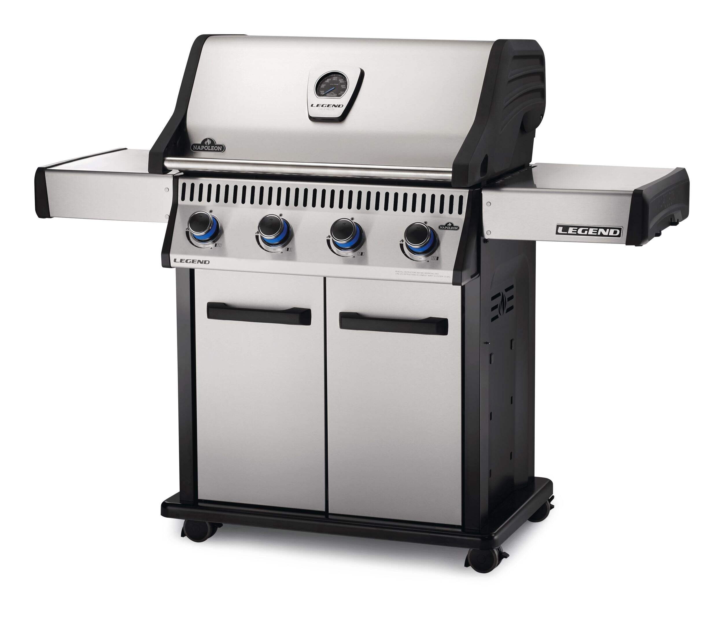 Napoleon Legend LD4 Stainless Steel 4-Burner Natural Gas BBQ Grill with Folding Side Shelves Front_Three_Fourths_Angled_Left
