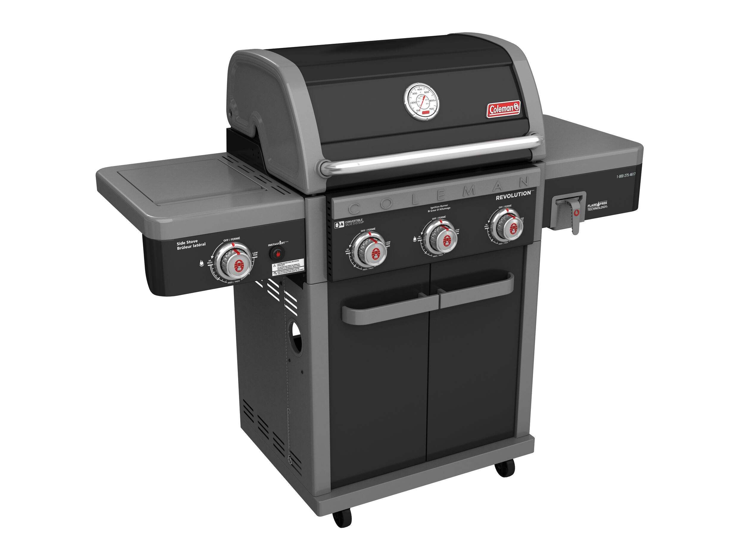 Coleman Revolution 3-Burner Convertible Propane Gas BBQ Grill with Side Shelves Front_Three_Fourths_Angled_Right